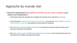Approche du monde réel
• Comment appréhender et simplifier le monde réel, par nature complexe, pour
réaliser une modélisation ?
• Cette tâche relève de compétences multiples du domaine d’un cabinet de consulting.
• Il est nécessaire d’identifier les besoins des utilisateurs ainsi que les objectifs et les processus
d’alimentation en données des systèmes d’information à concevoir.
• Son élaboration nécessite différentes étapes et se déroule souvent en même temps que le
processus d’analyse du problème.
• Des allers-retours entre ces différentes étapes de la conception sont souvent nécessaires à la
constitution du modèle conceptuel de la base.
5
 