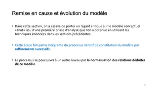 Remise en cause et évolution du modèle
• Dans cette section, on a essayé de porter un regard critique sur le modèle conceptuel
«brut» issu d’une première phase d’analyse que l’on a obtenue en utilisant les
techniques énoncées dans les sections précédentes.
• Cette étape fait partie intégrante du processus itératif de constitution du modèle par
raffinements successifs.
• Le processus se poursuivra à un autre niveau par la normalisation des relations déduites
de ce modèle.
55
 