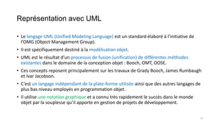 Représentation avec UML
• Le langage UML (Unified Modeling Language) est un standard élaboré à l’initiative de
l’OMG (Object Management Group).
• Il est spécifiquement destiné à la modélisation objet.
• UML est le résultat d’un processus de fusion (unification) de différentes méthodes
existantes dans le domaine de la conception objet : Booch, OMT, OOSE.
• Ces concepts reposent principalement sur les travaux de Grady Booch, James Rumbaugh
et Ivar Jacobson.
• C’est un langage indépendant de la plate-forme utilisée ainsi que des autres langages de
plus bas niveau employés en programmation objet.
• Il utilise une notation graphique et a connu très rapidement le succès dans le monde
objet par la souplesse qu’il apporte en gestion de projets de développement.
57
 