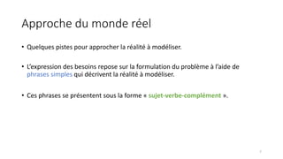 Approche du monde réel
• Quelques pistes pour approcher la réalité à modéliser.
• L’expression des besoins repose sur la formulation du problème à l’aide de
phrases simples qui décrivent la réalité à modéliser.
• Ces phrases se présentent sous la forme « sujet-verbe-complément ».
7
 