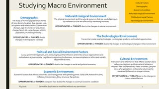 Studying Macro Environment
6/4/2018 Cannot be duplicated or modified without any permission 7
Demographic
The study of human populations in terms
of size, density, location.Age, gender, race,
occupation and other statistics. Generation
changes, age structure and population
change, family life cycle changes, shift in
population, increasing diversity…
OPPORTUNITIES or THREATS due to
changes in demographic variables
Cultural Factors
Demographic
Economic Condition
Natural/Ecological Environment
Political and social Factors
Technological Environment
Political and Social Environment Factors
Laws, government agencies, and pressure groups that influence and limits various organizations and
individuals in a given society. Legislations regulating the business, increase emphasis on ethics and socially
responsible actions.
OPPORTUNITIES or THREATS due to the changes in social and political scenarios.
Natural/Ecological Environment
The physical environment and the natural resources that are needed as inputs
by marketers or that are affected by marketing activities
OPPORTUNITIES or THREATS due to the changes in natural environment
Economic Environment
Economic factors that affects consumers purchasing power and spending power.GDP, GNP, National Income,
Inflation, Interest rates, Duty structure,Tax policies.
OPPORTUNITIES or THREATS company face due to the changes in country’s economic condition
TheTechnological Environment
Forces that create new technologies, creating new products and market opportunities.
OPPORTUNITIES or THREATS due to the changes in technological changes in the environment
Cultural Environment
Institutions and other forces that affects society’s basic
values, perceptions, preferences and behaviors.
People’s view on themselves, views on others, people’s
views of organizations and society nature can be
visualized differently in unique cultures.
OPPORTUNITIES or THREATS due to the changes in
culture related factors
 