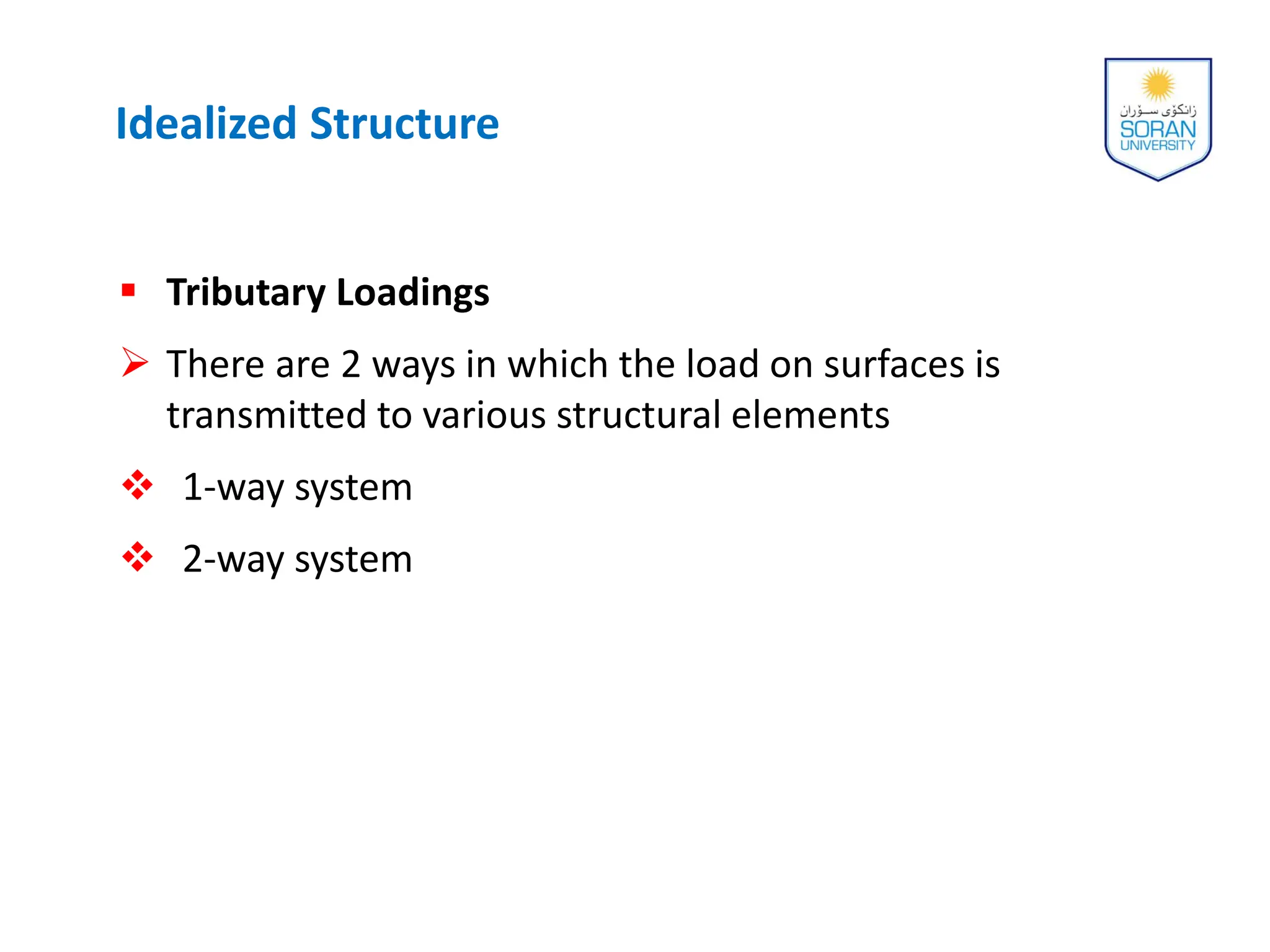  Tributary Loadings
 There are 2 ways in which the load on surfaces is
transmitted to various structural elements
 1-way system
 2-way system
Idealized Structure
 