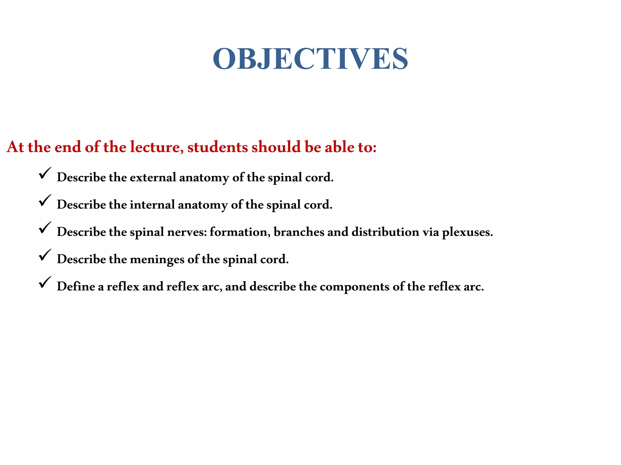 OBJECTIVES
Attheendofthelecture,studentsshouldbeableto:
 Describetheexternalanatomy of thespinalcord.
 Describetheinternalanatomy of thespinal cord.
 Describethespinal nerves:formation, branchesanddistribution viaplexuses.
 Describe themeningesofthespinal cord.
 Defineareflexandreflexarc,anddescribethecomponents of thereflexarc.
 