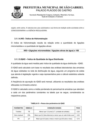 PREFEITURA MUNICIPAL DE SÃO GABRIEL
                                     PALÁCIO PLÁCIDO DE CASTRO
                           Secretaria Municipal de Compras, Licitações, Materiais e Serviços.
                                            Seção de Licitações e Contratos




esgoto, entre outros. A natureza dos usos autorizados e sua forma de medição serão acordadas entre a
CONCESSIONÁRIA e a AGÊNCIA REGULADORA.




    3.1.1.4.IHD - Índice de Hidrometração

O índice de hidrometração resulta da relação entre a quantidade de ligações
micromedidas e a quantidade de ligações ativas:

                     IHD = (ligações micromedidas / ligações ativas de água) x 100



    3.1.1.5.IQAD – Índice de Qualidade da Água Distribuída

A qualidade da água será medida pelo índice de qualidade da água distribuída - IQAD.

O IQAD será calculado com base no resultado das análises laboratoriais das amostras
de água coletadas na rede de distribuição de água, segundo um programa de coleta
que atenda à legislação vigente e seja representativa para o cálculo estatístico adiante
definido.

A freqüência de apuração do IQAD será mensal, utilizando os resultados das análises
efetuadas no trimestre anterior.

O IQAD é calculado como a média ponderada do percentual de amostras que atendam
a cada um dos parâmetros constantes na tabela que se segue, considerados os
respectivos pesos.



                               TABELA 01 – Pesos dos parâmetros do IQAD

   PARÂMETRO           SÍMBOLO                         CONDIÇÃO EXIGIDA                             PESO

      Turbidez           TB               Menor que 1,0 (uma) U.T. (unidade de turbidez)            0,20

    Cloro residual       CRL       Maior que 0,2 (dois décimos) e menor que um valor limite a ser   0,25
        Livre                             fixado de acordo com as condições do sistema
         PH              pH          Maior que 6,5 (seis e meio) e menor que 8,5 (oito e meio).     0,10
 