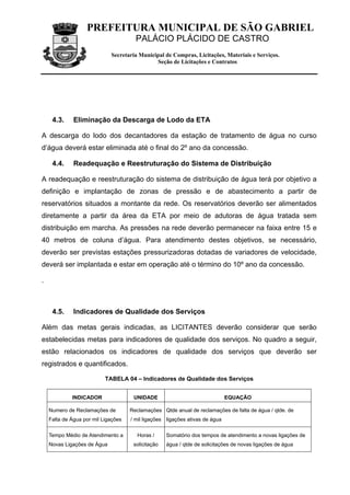 PREFEITURA MUNICIPAL DE SÃO GABRIEL
                                       PALÁCIO PLÁCIDO DE CASTRO
                             Secretaria Municipal de Compras, Licitações, Materiais e Serviços.
                                              Seção de Licitações e Contratos




     4.3.     Eliminação da Descarga de Lodo da ETA

A descarga do lodo dos decantadores da estação de tratamento de água no curso
d’água deverá estar eliminada até o final do 2º ano da concessão.

     4.4.     Readequação e Reestruturação do Sistema de Distribuição

A readequação e reestruturação do sistema de distribuição de água terá por objetivo a
definição e implantação de zonas de pressão e de abastecimento a partir de
reservatórios situados a montante da rede. Os reservatórios deverão ser alimentados
diretamente a partir da área da ETA por meio de adutoras de água tratada sem
distribuição em marcha. As pressões na rede deverão permanecer na faixa entre 15 e
40 metros de coluna d’água. Para atendimento destes objetivos, se necessário,
deverão ser previstas estações pressurizadoras dotadas de variadores de velocidade,
deverá ser implantada e estar em operação até o término do 10º ano da concessão.

.



     4.5.     Indicadores de Qualidade dos Serviços

Além das metas gerais indicadas, as LICITANTES deverão considerar que serão
estabelecidas metas para indicadores de qualidade dos serviços. No quadro a seguir,
estão relacionados os indicadores de qualidade dos serviços que deverão ser
registrados e quantificados.

                           TABELA 04 – Indicadores de Qualidade dos Serviços


             INDICADOR                UNIDADE                                 EQUAÇÃO

    Numero de Reclamações de         Reclamações Qtde anual de reclamações de falta de água / qtde. de
    Falta de Água por mil Ligações   / mil ligações ligações ativas de água

    Tempo Médio de Atendimento a       Horas /      Somatório dos tempos de atendimento a novas ligações de
    Novas Ligações de Água            solicitação   água / qtde de solicitações de novas ligações de água
 