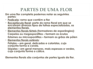 PARTES DE UMA FLOR 
Em uma flor completa podemos notar as seguintes 
partes: 
• Pedicelo: ramo que contém a flor 
• Receptáculo floral: parte do ramo floral em que se 
encaixam diversos tipos de folhas especializadas, os 
elementos florais. 
• Elementos florais férteis (formadores de esporângios): 
Carpelos ou megasporófilos – formam os óvulos 
Estames ou microsporófilos – formam os grãos de pólen 
• Elementos florais estéreis: 
Pétalas – em geral, delicadas e coloridas, cujo 
conjunto forma a corola. 
Sépalas – em geral menores, mais espessas e verdes, 
cujo conjunto forma o cálice. 
Elementos florais são conjuntos de partes iguais da flor. 
 