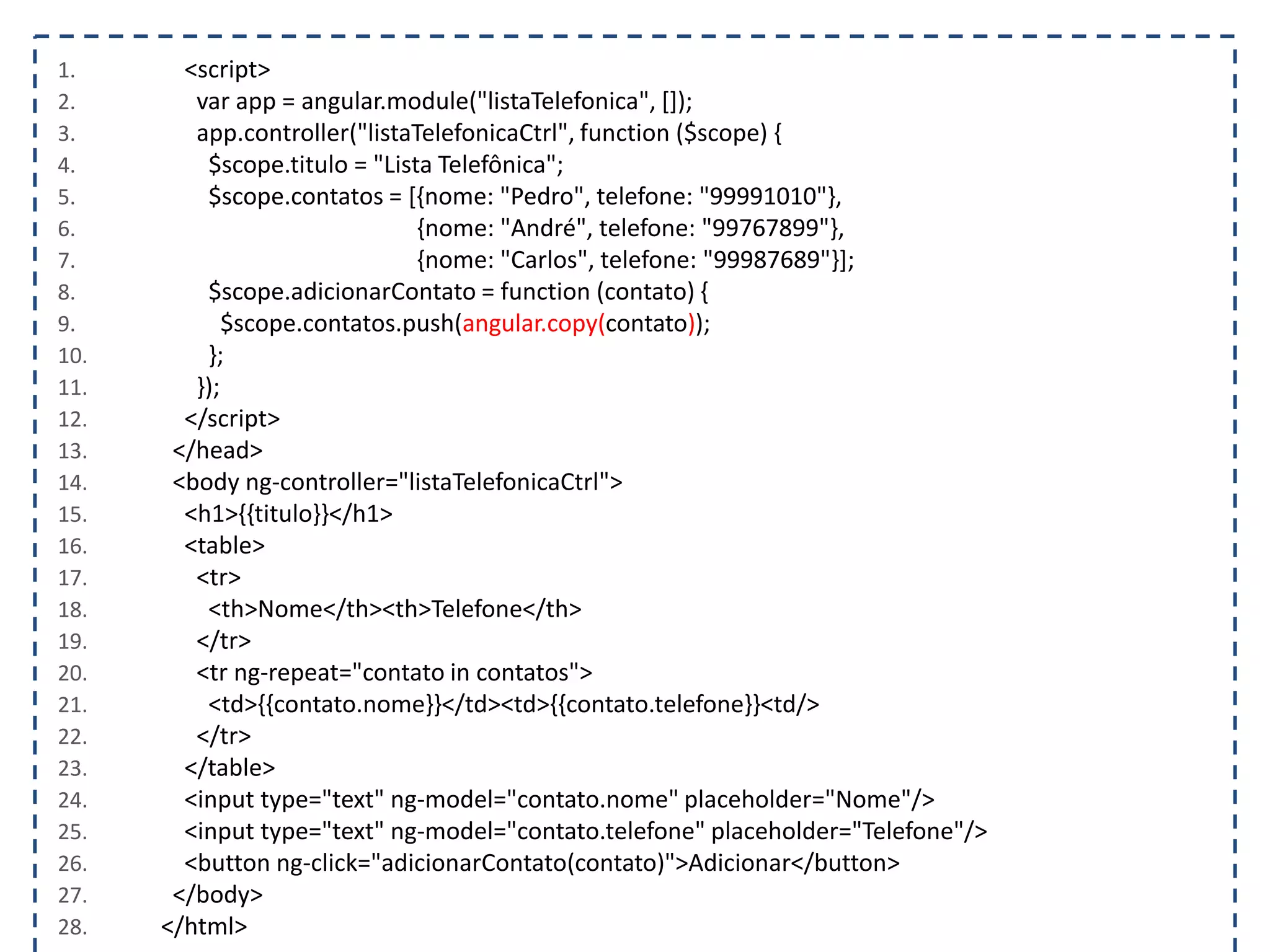 1. <script> 2. var app = angular.module("listaTelefonica", []); 3. app.controller("listaTelefonicaCtrl", function ($scope) { 4. $scope.titulo = "Lista Telefônica"; 5. $scope.contatos = [{nome: "Pedro", telefone: "99991010"}, 6. {nome: "André", telefone: "99767899"}, 7. {nome: "Carlos", telefone: "99987689"}]; 8. $scope.adicionarContato = function (contato) { 9. $scope.contatos.push(angular.copy(contato)); 10. }; 11. }); 12. </script> 13. </head> 14. <body ng-controller="listaTelefonicaCtrl"> 15. <h1>{{titulo}}</h1> 16. <table> 17. <tr> 18. <th>Nome</th><th>Telefone</th> 19. </tr> 20. <tr ng-repeat="contato in contatos"> 21. <td>{{contato.nome}}</td><td>{{contato.telefone}}<td/> 22. </tr> 23. </table> 24. <input type="text" ng-model="contato.nome" placeholder="Nome"/> 25. <input type="text" ng-model="contato.telefone" placeholder="Telefone"/> 26. <button ng-click="adicionarContato(contato)">Adicionar</button> 27. </body> 28. </html> 