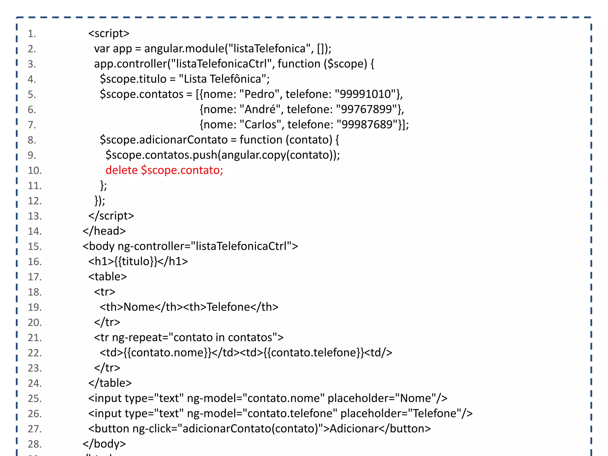 1. <script> 2. var app = angular.module("listaTelefonica", []); 3. app.controller("listaTelefonicaCtrl", function ($scope) { 4. $scope.titulo = "Lista Telefônica"; 5. $scope.contatos = [{nome: "Pedro", telefone: "99991010"}, 6. {nome: "André", telefone: "99767899"}, 7. {nome: "Carlos", telefone: "99987689"}]; 8. $scope.adicionarContato = function (contato) { 9. $scope.contatos.push(angular.copy(contato)); 10. delete $scope.contato; 11. }; 12. }); 13. </script> 14. </head> 15. <body ng-controller="listaTelefonicaCtrl"> 16. <h1>{{titulo}}</h1> 17. <table> 18. <tr> 19. <th>Nome</th><th>Telefone</th> 20. </tr> 21. <tr ng-repeat="contato in contatos"> 22. <td>{{contato.nome}}</td><td>{{contato.telefone}}<td/> 23. </tr> 24. </table> 25. <input type="text" ng-model="contato.nome" placeholder="Nome"/> 26. <input type="text" ng-model="contato.telefone" placeholder="Telefone"/> 27. <button ng-click="adicionarContato(contato)">Adicionar</button> 28. </body> 