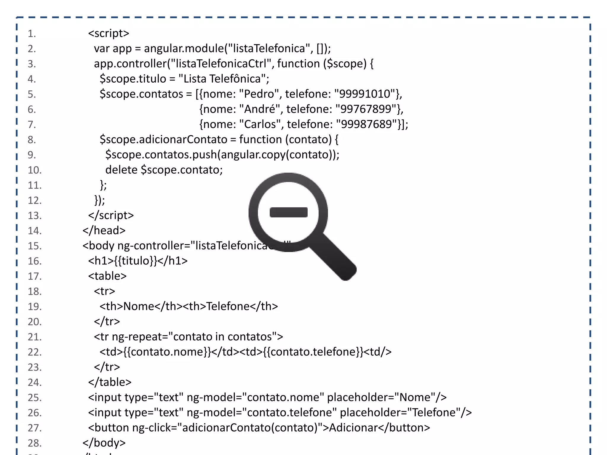 1. <script> 2. var app = angular.module("listaTelefonica", []); 3. app.controller("listaTelefonicaCtrl", function ($scope) { 4. $scope.titulo = "Lista Telefônica"; 5. $scope.contatos = [{nome: "Pedro", telefone: "99991010"}, 6. {nome: "André", telefone: "99767899"}, 7. {nome: "Carlos", telefone: "99987689"}]; 8. $scope.adicionarContato = function (contato) { 9. $scope.contatos.push(angular.copy(contato)); 10. delete $scope.contato; 11. }; 12. }); 13. </script> 14. </head> 15. <body ng-controller="listaTelefonicaCtrl"> 16. <h1>{{titulo}}</h1> 17. <table> 18. <tr> 19. <th>Nome</th><th>Telefone</th> 20. </tr> 21. <tr ng-repeat="contato in contatos"> 22. <td>{{contato.nome}}</td><td>{{contato.telefone}}<td/> 23. </tr> 24. </table> 25. <input type="text" ng-model="contato.nome" placeholder="Nome"/> 26. <input type="text" ng-model="contato.telefone" placeholder="Telefone"/> 27. <button ng-click="adicionarContato(contato)">Adicionar</button> 28. </body> 