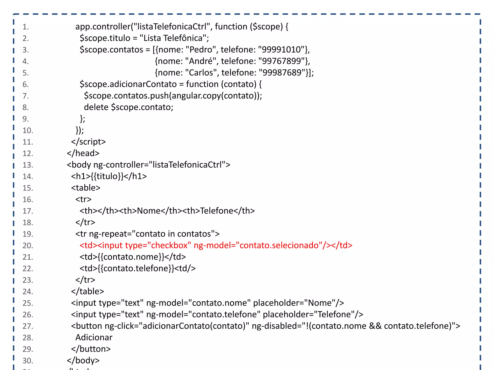 1. app.controller("listaTelefonicaCtrl", function ($scope) { 2. $scope.titulo = "Lista Telefônica"; 3. $scope.contatos = [{nome: "Pedro", telefone: "99991010"}, 4. {nome: "André", telefone: "99767899"}, 5. {nome: "Carlos", telefone: "99987689"}]; 6. $scope.adicionarContato = function (contato) { 7. $scope.contatos.push(angular.copy(contato)); 8. delete $scope.contato; 9. }; 10. }); 11. </script> 12. </head> 13. <body ng-controller="listaTelefonicaCtrl"> 14. <h1>{{titulo}}</h1> 15. <table> 16. <tr> 17. <th></th><th>Nome</th><th>Telefone</th> 18. </tr> 19. <tr ng-repeat="contato in contatos"> 20. <td><input type="checkbox" ng-model="contato.selecionado"/></td> 21. <td>{{contato.nome}}</td> 22. <td>{{contato.telefone}}<td/> 23. </tr> 24. </table> 25. <input type="text" ng-model="contato.nome" placeholder="Nome"/> 26. <input type="text" ng-model="contato.telefone" placeholder="Telefone"/> 27. <button ng-click="adicionarContato(contato)" ng-disabled="!(contato.nome && contato.telefone)"> 28. Adicionar 29. </button> 30. </body> 