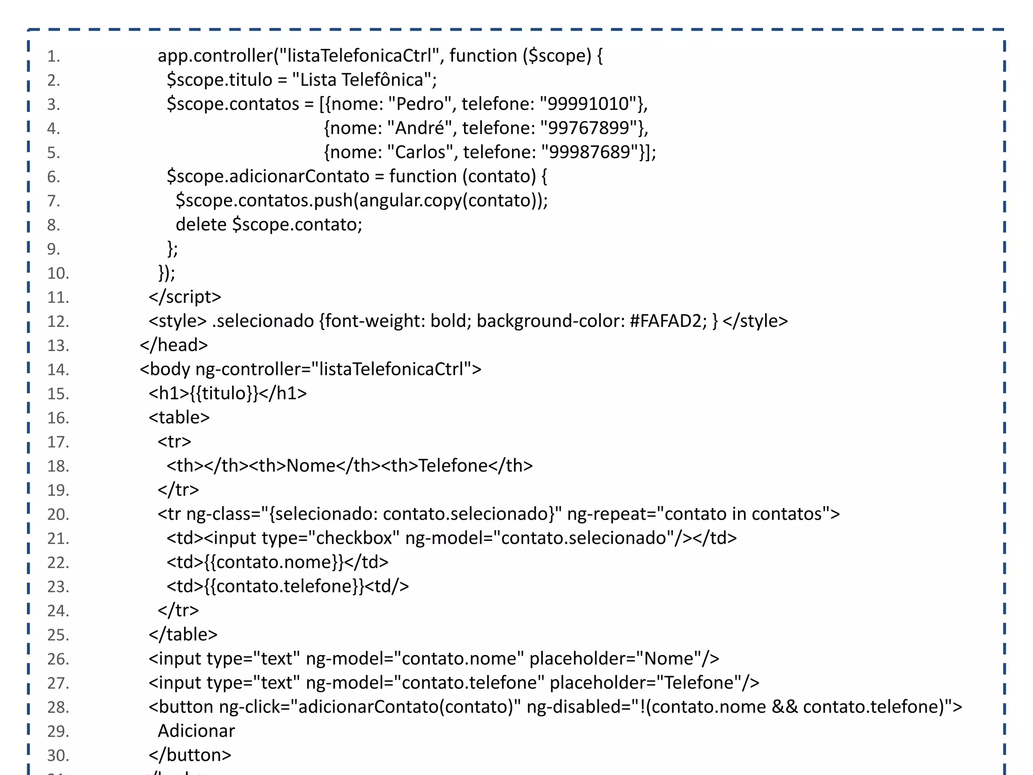 1. app.controller("listaTelefonicaCtrl", function ($scope) { 2. $scope.titulo = "Lista Telefônica"; 3. $scope.contatos = [{nome: "Pedro", telefone: "99991010"}, 4. {nome: "André", telefone: "99767899"}, 5. {nome: "Carlos", telefone: "99987689"}]; 6. $scope.adicionarContato = function (contato) { 7. $scope.contatos.push(angular.copy(contato)); 8. delete $scope.contato; 9. }; 10. }); 11. </script> 12. <style> .selecionado {font-weight: bold; background-color: #FAFAD2; } </style> 13. </head> 14. <body ng-controller="listaTelefonicaCtrl"> 15. <h1>{{titulo}}</h1> 16. <table> 17. <tr> 18. <th></th><th>Nome</th><th>Telefone</th> 19. </tr> 20. <tr ng-class="{selecionado: contato.selecionado}" ng-repeat="contato in contatos"> 21. <td><input type="checkbox" ng-model="contato.selecionado"/></td> 22. <td>{{contato.nome}}</td> 23. <td>{{contato.telefone}}<td/> 24. </tr> 25. </table> 26. <input type="text" ng-model="contato.nome" placeholder="Nome"/> 27. <input type="text" ng-model="contato.telefone" placeholder="Telefone"/> 28. <button ng-click="adicionarContato(contato)" ng-disabled="!(contato.nome && contato.telefone)"> 29. Adicionar 30. </button> 