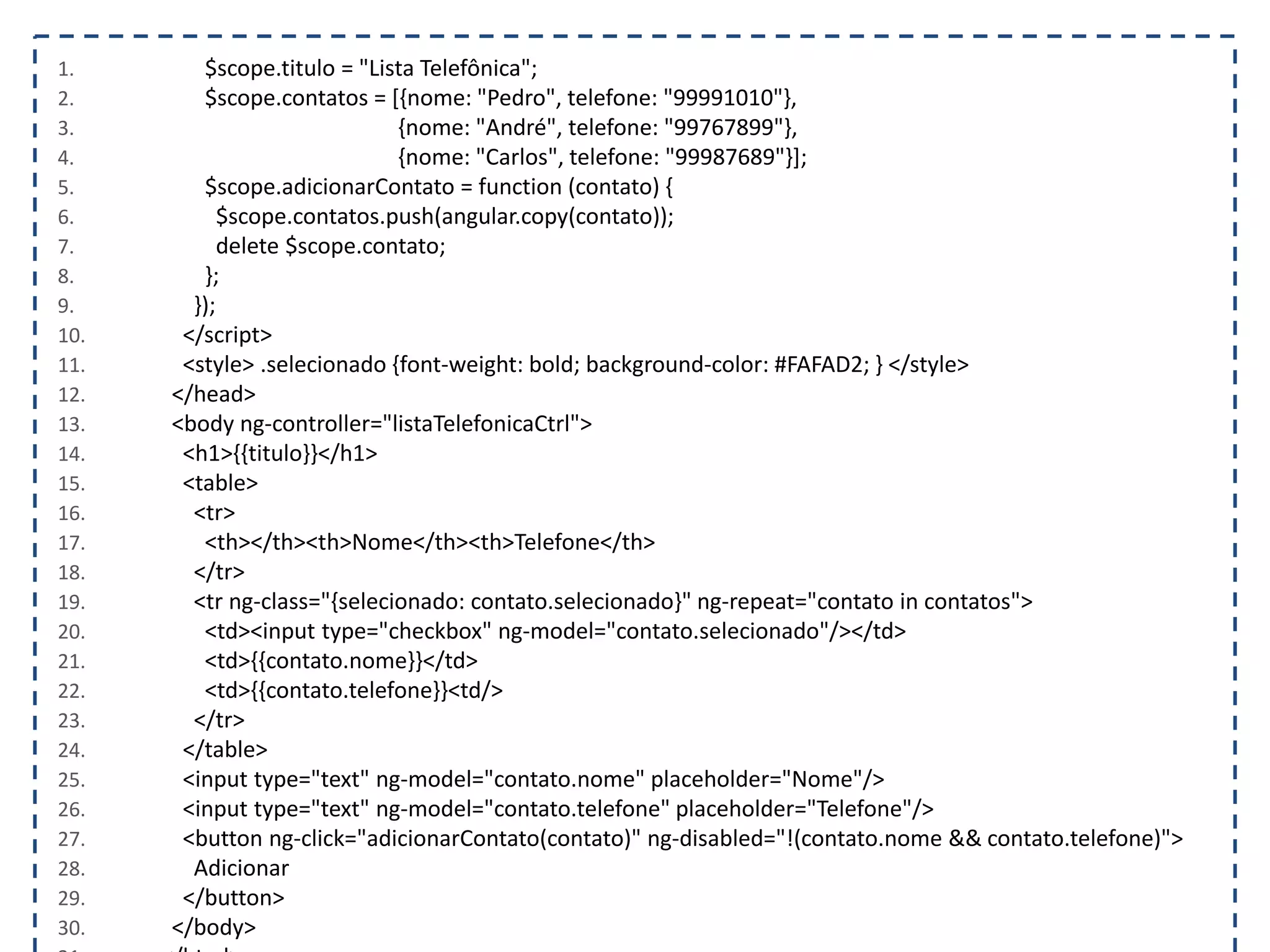1. $scope.titulo = "Lista Telefônica"; 2. $scope.contatos = [{nome: "Pedro", telefone: "99991010"}, 3. {nome: "André", telefone: "99767899"}, 4. {nome: "Carlos", telefone: "99987689"}]; 5. $scope.adicionarContato = function (contato) { 6. $scope.contatos.push(angular.copy(contato)); 7. delete $scope.contato; 8. }; 9. }); 10. </script> 11. <style> .selecionado {font-weight: bold; background-color: #FAFAD2; } </style> 12. </head> 13. <body ng-controller="listaTelefonicaCtrl"> 14. <h1>{{titulo}}</h1> 15. <table> 16. <tr> 17. <th></th><th>Nome</th><th>Telefone</th> 18. </tr> 19. <tr ng-class="{selecionado: contato.selecionado}" ng-repeat="contato in contatos"> 20. <td><input type="checkbox" ng-model="contato.selecionado"/></td> 21. <td>{{contato.nome}}</td> 22. <td>{{contato.telefone}}<td/> 23. </tr> 24. </table> 25. <input type="text" ng-model="contato.nome" placeholder="Nome"/> 26. <input type="text" ng-model="contato.telefone" placeholder="Telefone"/> 27. <button ng-click="adicionarContato(contato)" ng-disabled="!(contato.nome && contato.telefone)"> 28. Adicionar 29. </button> 30. </body> 