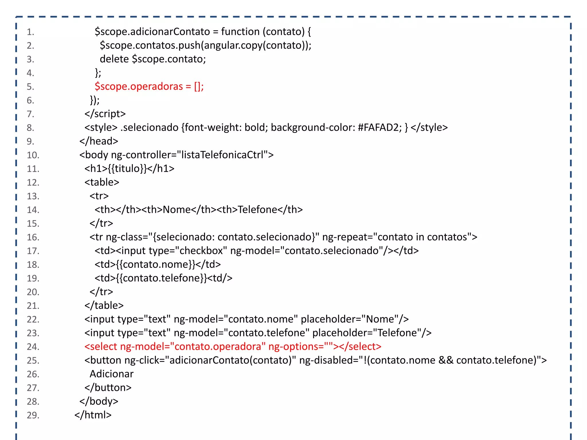 1. $scope.adicionarContato = function (contato) { 2. $scope.contatos.push(angular.copy(contato)); 3. delete $scope.contato; 4. }; 5. $scope.operadoras = []; 6. }); 7. </script> 8. <style> .selecionado {font-weight: bold; background-color: #FAFAD2; } </style> 9. </head> 10. <body ng-controller="listaTelefonicaCtrl"> 11. <h1>{{titulo}}</h1> 12. <table> 13. <tr> 14. <th></th><th>Nome</th><th>Telefone</th> 15. </tr> 16. <tr ng-class="{selecionado: contato.selecionado}" ng-repeat="contato in contatos"> 17. <td><input type="checkbox" ng-model="contato.selecionado"/></td> 18. <td>{{contato.nome}}</td> 19. <td>{{contato.telefone}}<td/> 20. </tr> 21. </table> 22. <input type="text" ng-model="contato.nome" placeholder="Nome"/> 23. <input type="text" ng-model="contato.telefone" placeholder="Telefone"/> 24. <select ng-model="contato.operadora" ng-options=""></select> 25. <button ng-click="adicionarContato(contato)" ng-disabled="!(contato.nome && contato.telefone)"> 26. Adicionar 27. </button> 28. </body> 29. </html> 