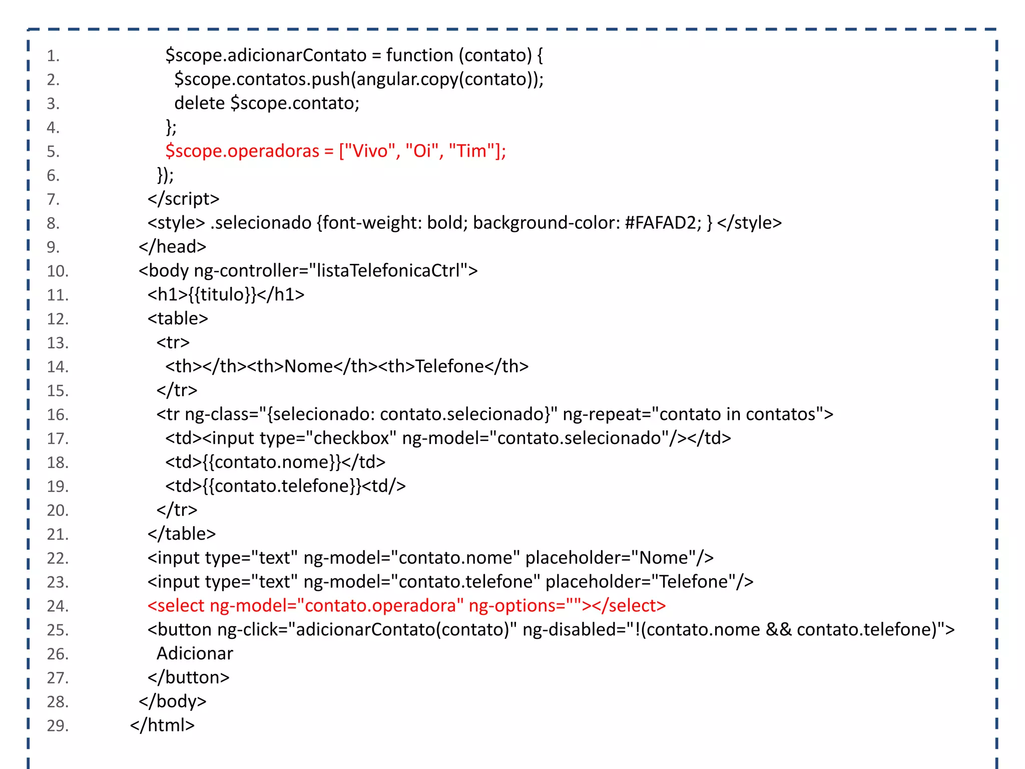 1. $scope.adicionarContato = function (contato) { 2. $scope.contatos.push(angular.copy(contato)); 3. delete $scope.contato; 4. }; 5. $scope.operadoras = ["Vivo", "Oi", "Tim"]; 6. }); 7. </script> 8. <style> .selecionado {font-weight: bold; background-color: #FAFAD2; } </style> 9. </head> 10. <body ng-controller="listaTelefonicaCtrl"> 11. <h1>{{titulo}}</h1> 12. <table> 13. <tr> 14. <th></th><th>Nome</th><th>Telefone</th> 15. </tr> 16. <tr ng-class="{selecionado: contato.selecionado}" ng-repeat="contato in contatos"> 17. <td><input type="checkbox" ng-model="contato.selecionado"/></td> 18. <td>{{contato.nome}}</td> 19. <td>{{contato.telefone}}<td/> 20. </tr> 21. </table> 22. <input type="text" ng-model="contato.nome" placeholder="Nome"/> 23. <input type="text" ng-model="contato.telefone" placeholder="Telefone"/> 24. <select ng-model="contato.operadora" ng-options=""></select> 25. <button ng-click="adicionarContato(contato)" ng-disabled="!(contato.nome && contato.telefone)"> 26. Adicionar 27. </button> 28. </body> 29. </html> 
