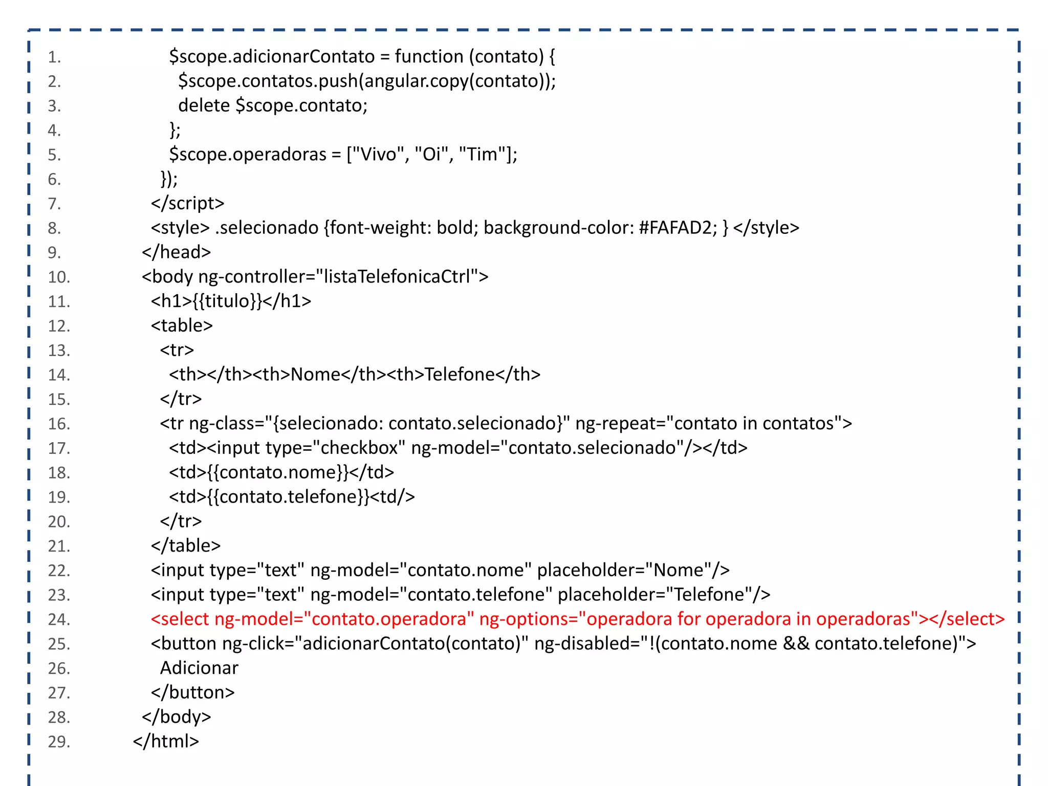 1. $scope.adicionarContato = function (contato) { 2. $scope.contatos.push(angular.copy(contato)); 3. delete $scope.contato; 4. }; 5. $scope.operadoras = ["Vivo", "Oi", "Tim"]; 6. }); 7. </script> 8. <style> .selecionado {font-weight: bold; background-color: #FAFAD2; } </style> 9. </head> 10. <body ng-controller="listaTelefonicaCtrl"> 11. <h1>{{titulo}}</h1> 12. <table> 13. <tr> 14. <th></th><th>Nome</th><th>Telefone</th> 15. </tr> 16. <tr ng-class="{selecionado: contato.selecionado}" ng-repeat="contato in contatos"> 17. <td><input type="checkbox" ng-model="contato.selecionado"/></td> 18. <td>{{contato.nome}}</td> 19. <td>{{contato.telefone}}<td/> 20. </tr> 21. </table> 22. <input type="text" ng-model="contato.nome" placeholder="Nome"/> 23. <input type="text" ng-model="contato.telefone" placeholder="Telefone"/> 24. <select ng-model="contato.operadora" ng-options="operadora for operadora in operadoras"></select> 25. <button ng-click="adicionarContato(contato)" ng-disabled="!(contato.nome && contato.telefone)"> 26. Adicionar 27. </button> 28. </body> 29. </html> 