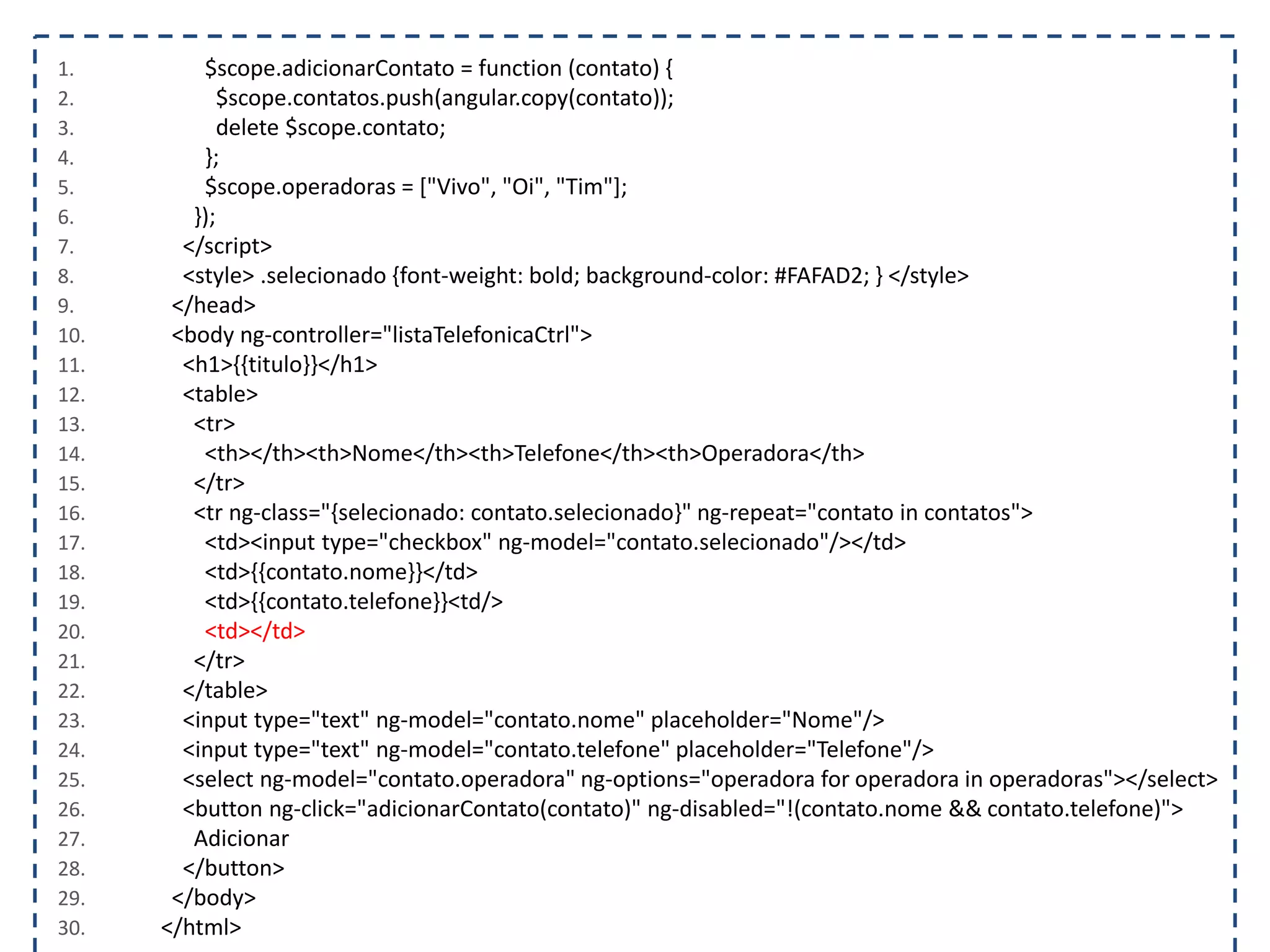 1. $scope.adicionarContato = function (contato) { 2. $scope.contatos.push(angular.copy(contato)); 3. delete $scope.contato; 4. }; 5. $scope.operadoras = ["Vivo", "Oi", "Tim"]; 6. }); 7. </script> 8. <style> .selecionado {font-weight: bold; background-color: #FAFAD2; } </style> 9. </head> 10. <body ng-controller="listaTelefonicaCtrl"> 11. <h1>{{titulo}}</h1> 12. <table> 13. <tr> 14. <th></th><th>Nome</th><th>Telefone</th><th>Operadora</th> 15. </tr> 16. <tr ng-class="{selecionado: contato.selecionado}" ng-repeat="contato in contatos"> 17. <td><input type="checkbox" ng-model="contato.selecionado"/></td> 18. <td>{{contato.nome}}</td> 19. <td>{{contato.telefone}}<td/> 20. <td></td> 21. </tr> 22. </table> 23. <input type="text" ng-model="contato.nome" placeholder="Nome"/> 24. <input type="text" ng-model="contato.telefone" placeholder="Telefone"/> 25. <select ng-model="contato.operadora" ng-options="operadora for operadora in operadoras"></select> 26. <button ng-click="adicionarContato(contato)" ng-disabled="!(contato.nome && contato.telefone)"> 27. Adicionar 28. </button> 29. </body> 30. </html> 