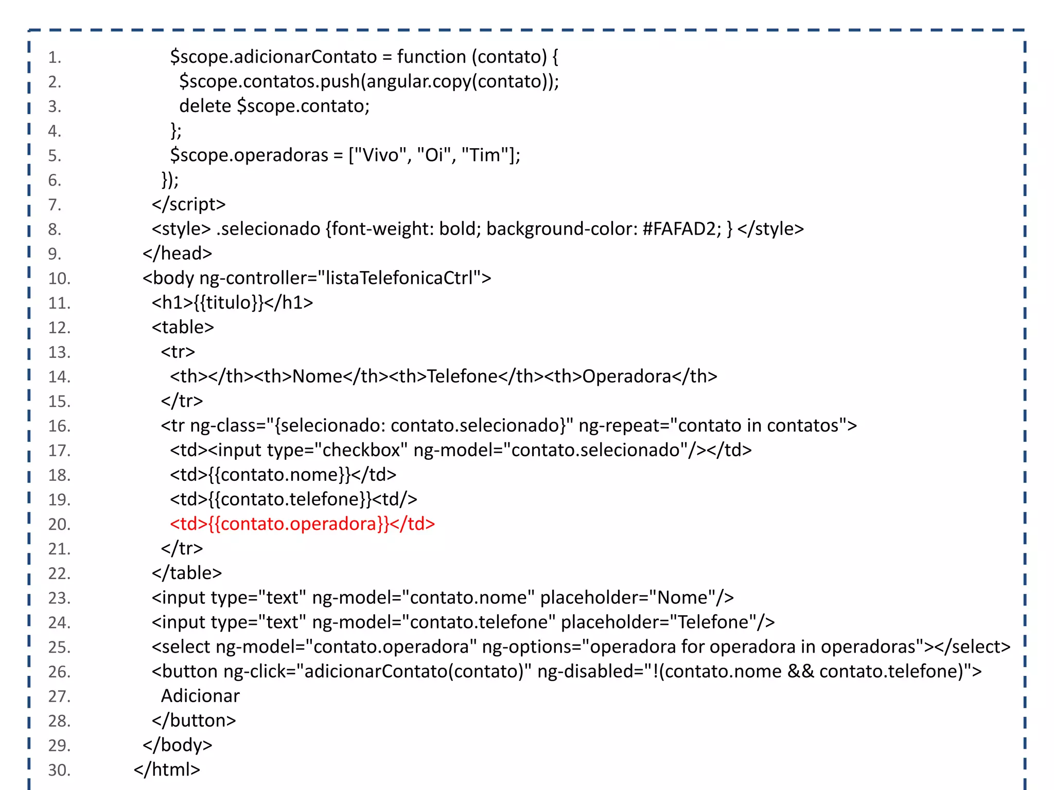 1. $scope.adicionarContato = function (contato) { 2. $scope.contatos.push(angular.copy(contato)); 3. delete $scope.contato; 4. }; 5. $scope.operadoras = ["Vivo", "Oi", "Tim"]; 6. }); 7. </script> 8. <style> .selecionado {font-weight: bold; background-color: #FAFAD2; } </style> 9. </head> 10. <body ng-controller="listaTelefonicaCtrl"> 11. <h1>{{titulo}}</h1> 12. <table> 13. <tr> 14. <th></th><th>Nome</th><th>Telefone</th><th>Operadora</th> 15. </tr> 16. <tr ng-class="{selecionado: contato.selecionado}" ng-repeat="contato in contatos"> 17. <td><input type="checkbox" ng-model="contato.selecionado"/></td> 18. <td>{{contato.nome}}</td> 19. <td>{{contato.telefone}}<td/> 20. <td>{{contato.operadora}}</td> 21. </tr> 22. </table> 23. <input type="text" ng-model="contato.nome" placeholder="Nome"/> 24. <input type="text" ng-model="contato.telefone" placeholder="Telefone"/> 25. <select ng-model="contato.operadora" ng-options="operadora for operadora in operadoras"></select> 26. <button ng-click="adicionarContato(contato)" ng-disabled="!(contato.nome && contato.telefone)"> 27. Adicionar 28. </button> 29. </body> 30. </html> 