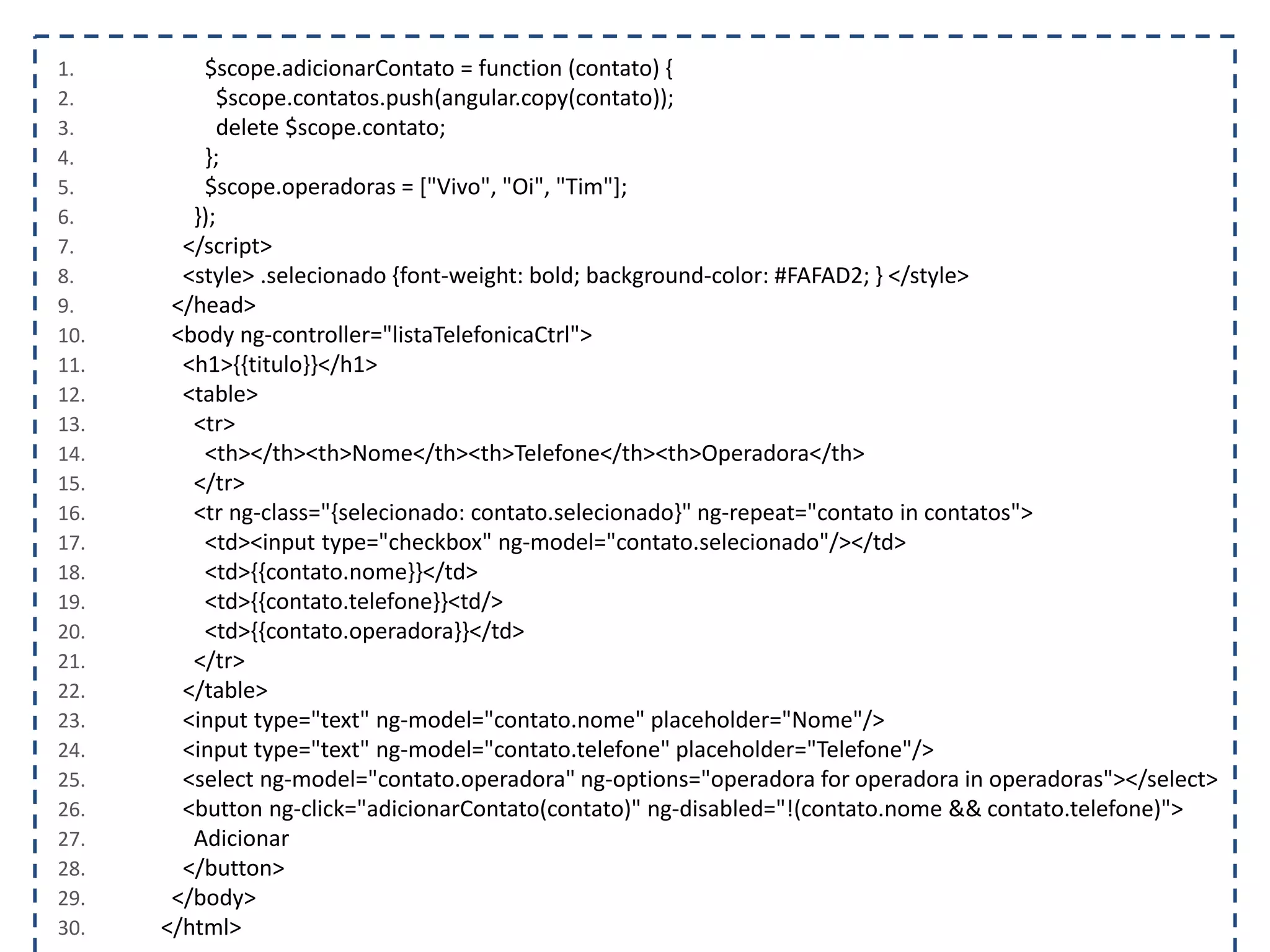 1. $scope.adicionarContato = function (contato) { 2. $scope.contatos.push(angular.copy(contato)); 3. delete $scope.contato; 4. }; 5. $scope.operadoras = ["Vivo", "Oi", "Tim"]; 6. }); 7. </script> 8. <style> .selecionado {font-weight: bold; background-color: #FAFAD2; } </style> 9. </head> 10. <body ng-controller="listaTelefonicaCtrl"> 11. <h1>{{titulo}}</h1> 12. <table> 13. <tr> 14. <th></th><th>Nome</th><th>Telefone</th><th>Operadora</th> 15. </tr> 16. <tr ng-class="{selecionado: contato.selecionado}" ng-repeat="contato in contatos"> 17. <td><input type="checkbox" ng-model="contato.selecionado"/></td> 18. <td>{{contato.nome}}</td> 19. <td>{{contato.telefone}}<td/> 20. <td>{{contato.operadora}}</td> 21. </tr> 22. </table> 23. <input type="text" ng-model="contato.nome" placeholder="Nome"/> 24. <input type="text" ng-model="contato.telefone" placeholder="Telefone"/> 25. <select ng-model="contato.operadora" ng-options="operadora for operadora in operadoras"></select> 26. <button ng-click="adicionarContato(contato)" ng-disabled="!(contato.nome && contato.telefone)"> 27. Adicionar 28. </button> 29. </body> 30. </html> 