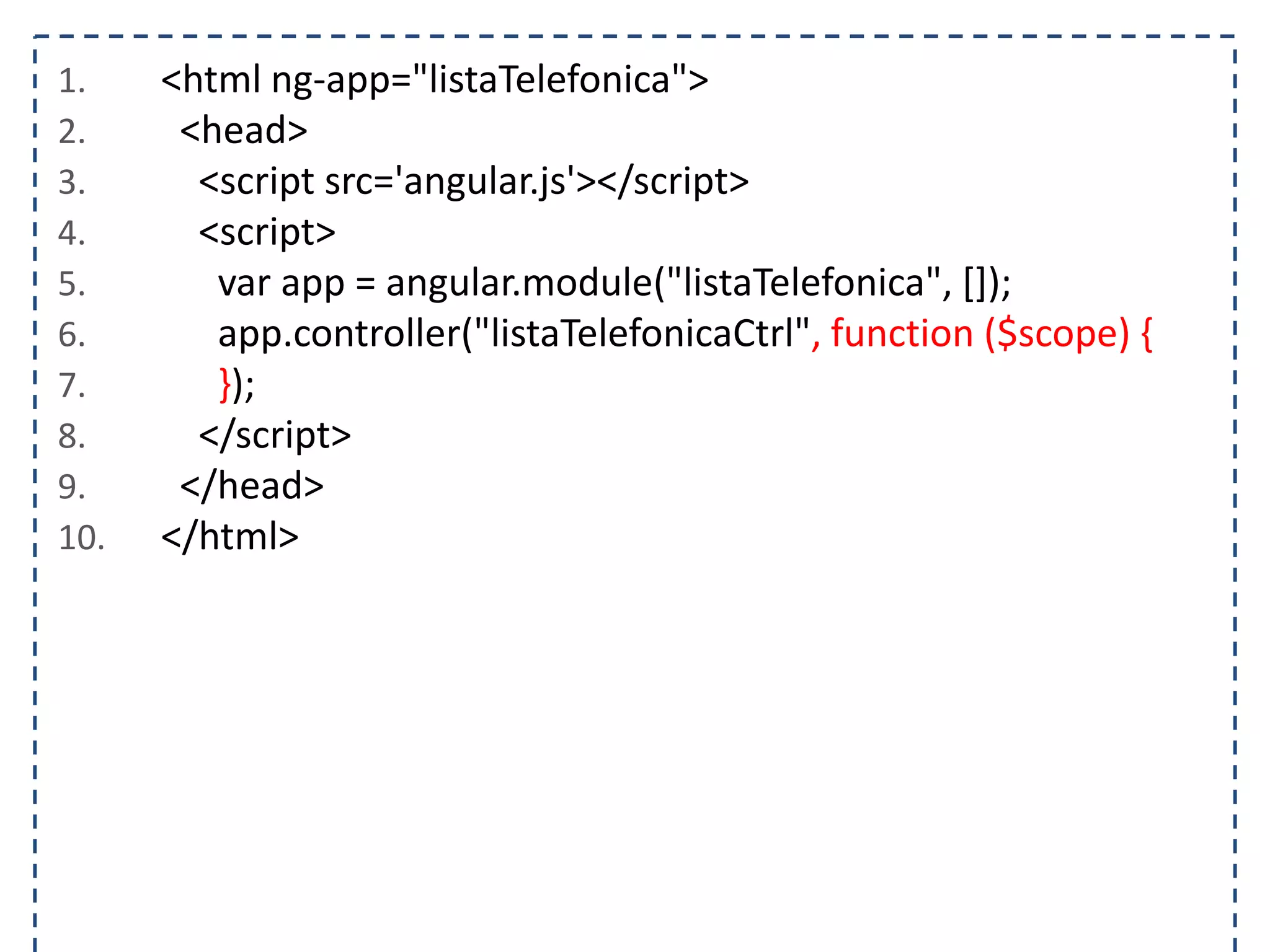 1. <html ng-app="listaTelefonica"> 2. <head> 3. <script src='angular.js'></script> 4. <script> 5. var app = angular.module("listaTelefonica", []); 6. app.controller("listaTelefonicaCtrl", function ($scope) { 7. }); 8. </script> 9. </head> 10. </html> 