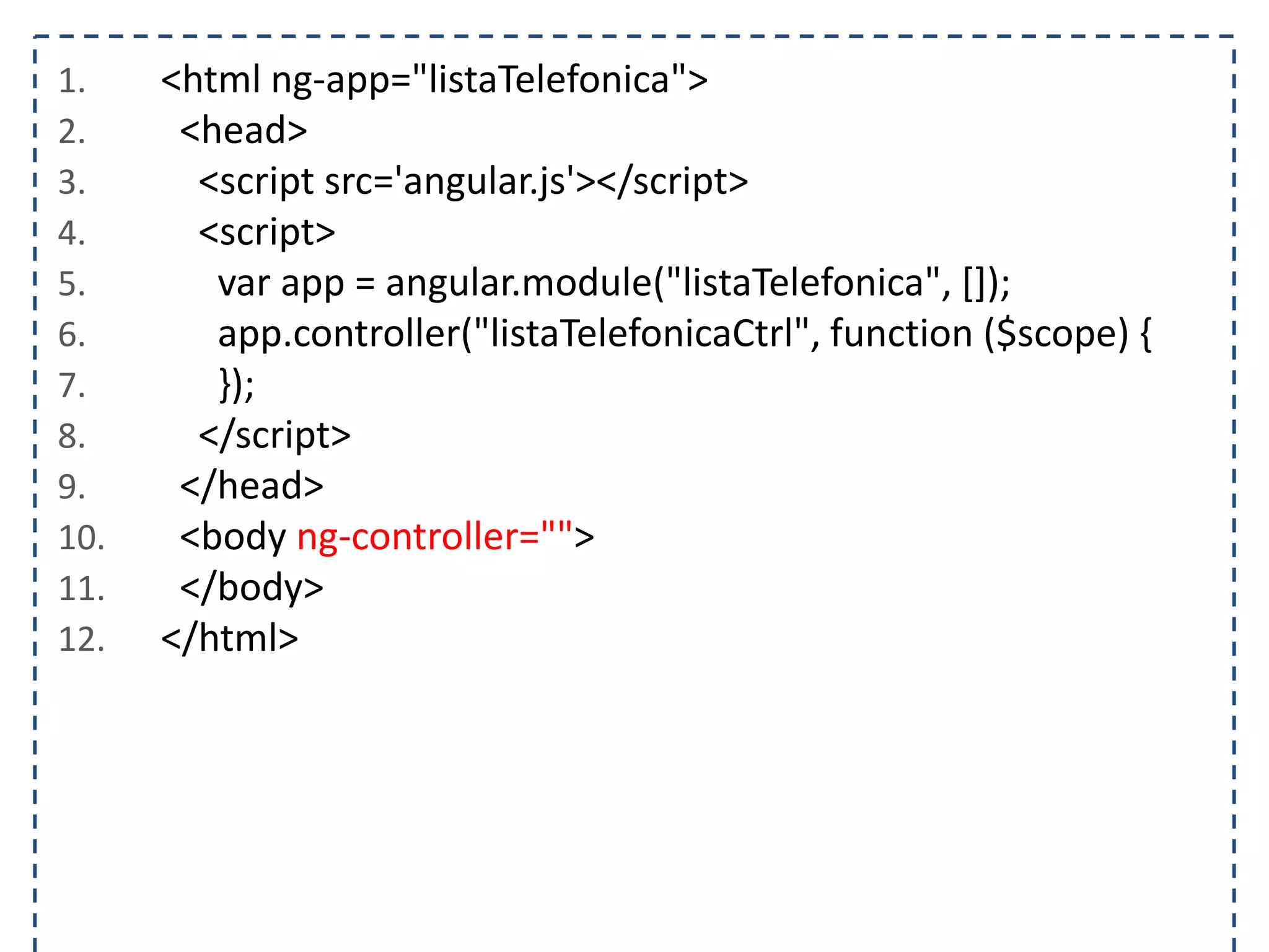 1. <html ng-app="listaTelefonica"> 2. <head> 3. <script src='angular.js'></script> 4. <script> 5. var app = angular.module("listaTelefonica", []); 6. app.controller("listaTelefonicaCtrl", function ($scope) { 7. }); 8. </script> 9. </head> 10. <body ng-controller=""> 11. </body> 12. </html> 