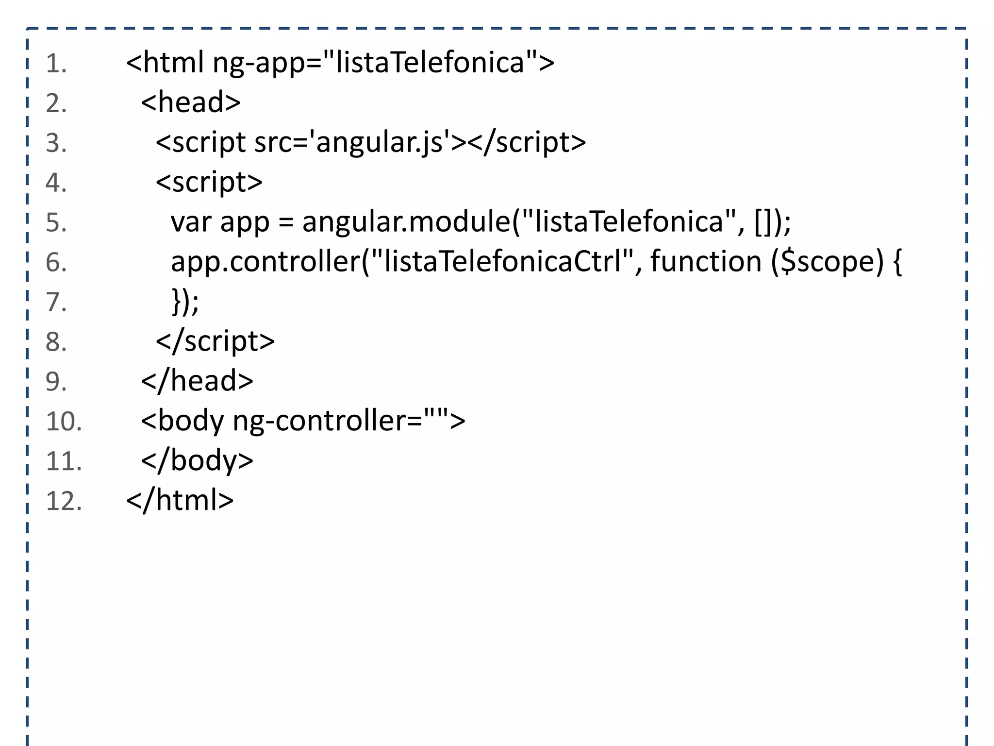 1. <html ng-app="listaTelefonica"> 2. <head> 3. <script src='angular.js'></script> 4. <script> 5. var app = angular.module("listaTelefonica", []); 6. app.controller("listaTelefonicaCtrl", function ($scope) { 7. }); 8. </script> 9. </head> 10. <body ng-controller=""> 11. </body> 12. </html> 