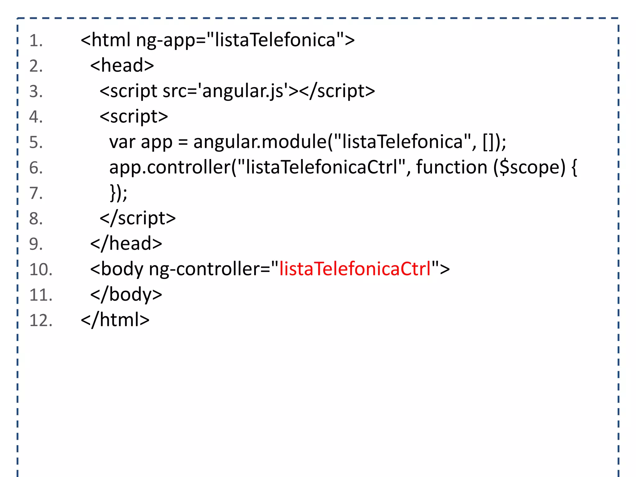 1. <html ng-app="listaTelefonica"> 2. <head> 3. <script src='angular.js'></script> 4. <script> 5. var app = angular.module("listaTelefonica", []); 6. app.controller("listaTelefonicaCtrl", function ($scope) { 7. }); 8. </script> 9. </head> 10. <body ng-controller="listaTelefonicaCtrl"> 11. </body> 12. </html> 