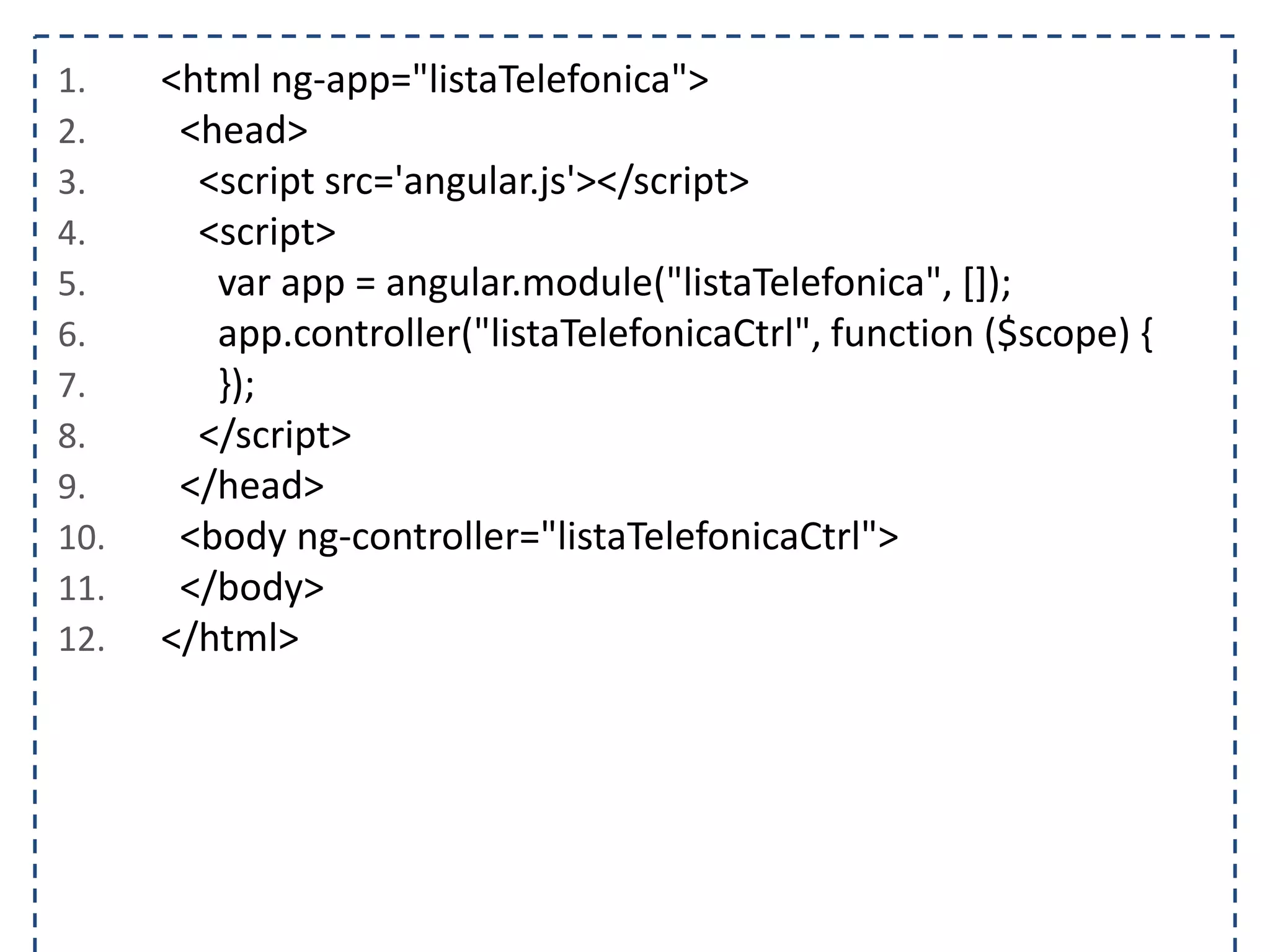 1. <html ng-app="listaTelefonica"> 2. <head> 3. <script src='angular.js'></script> 4. <script> 5. var app = angular.module("listaTelefonica", []); 6. app.controller("listaTelefonicaCtrl", function ($scope) { 7. }); 8. </script> 9. </head> 10. <body ng-controller="listaTelefonicaCtrl"> 11. </body> 12. </html> 