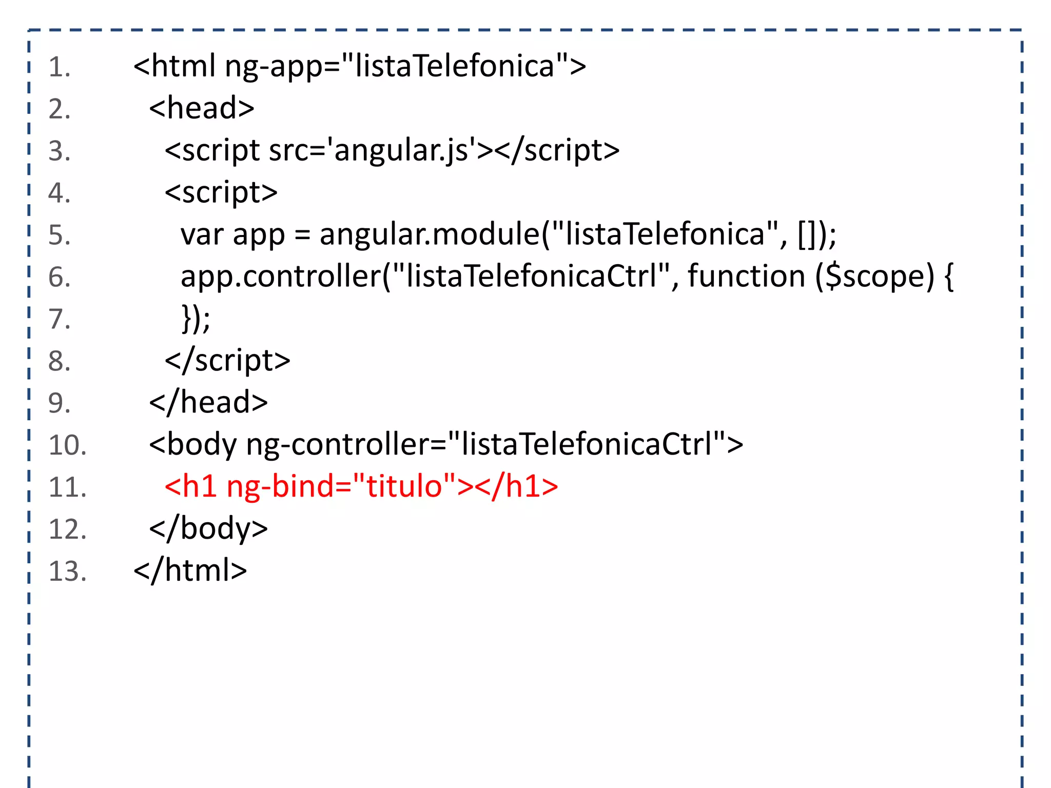 1. <html ng-app="listaTelefonica"> 2. <head> 3. <script src='angular.js'></script> 4. <script> 5. var app = angular.module("listaTelefonica", []); 6. app.controller("listaTelefonicaCtrl", function ($scope) { 7. }); 8. </script> 9. </head> 10. <body ng-controller="listaTelefonicaCtrl"> 11. <h1 ng-bind="titulo"></h1> 12. </body> 13. </html> 