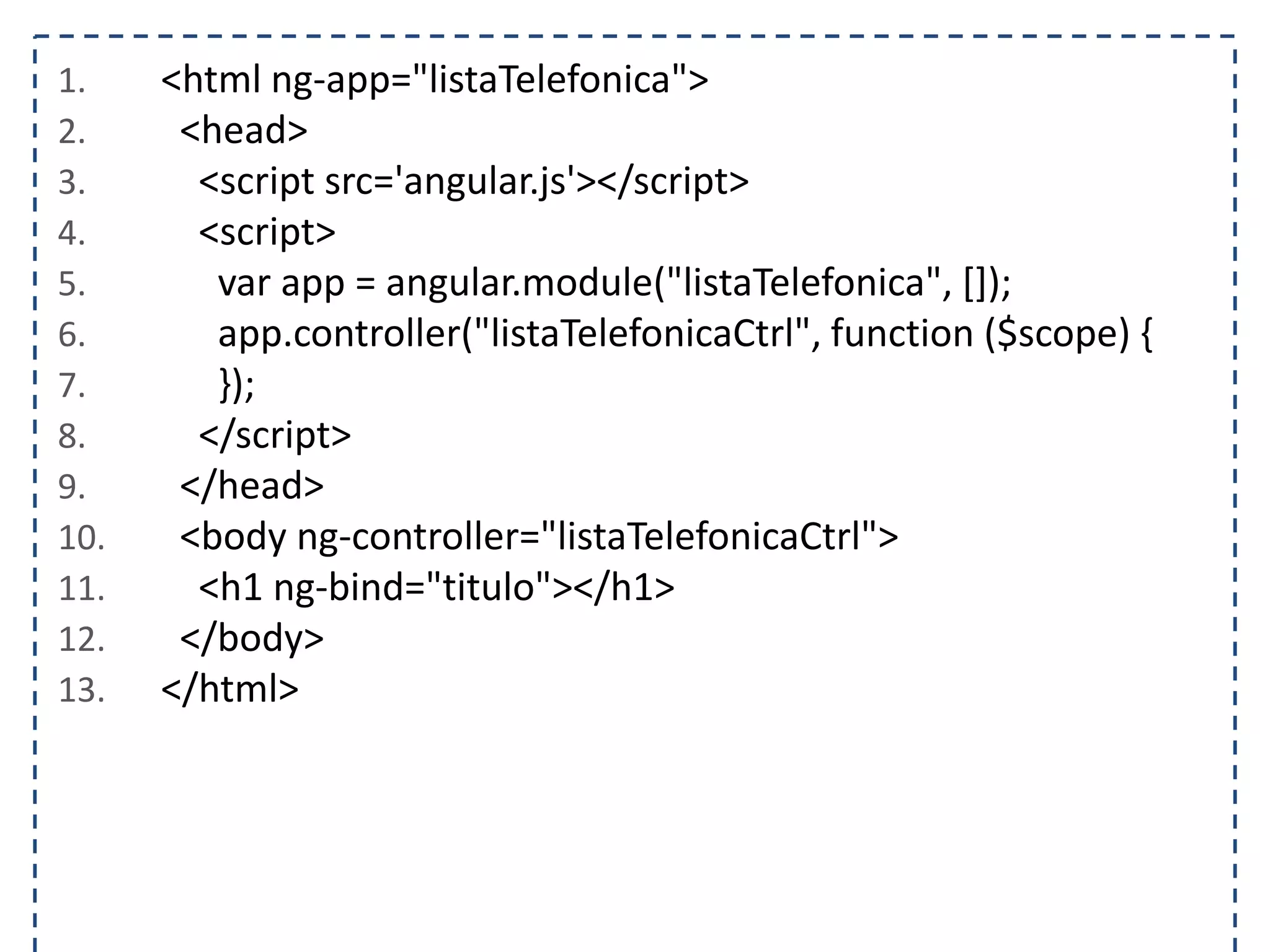 1. <html ng-app="listaTelefonica"> 2. <head> 3. <script src='angular.js'></script> 4. <script> 5. var app = angular.module("listaTelefonica", []); 6. app.controller("listaTelefonicaCtrl", function ($scope) { 7. }); 8. </script> 9. </head> 10. <body ng-controller="listaTelefonicaCtrl"> 11. <h1 ng-bind="titulo"></h1> 12. </body> 13. </html> 