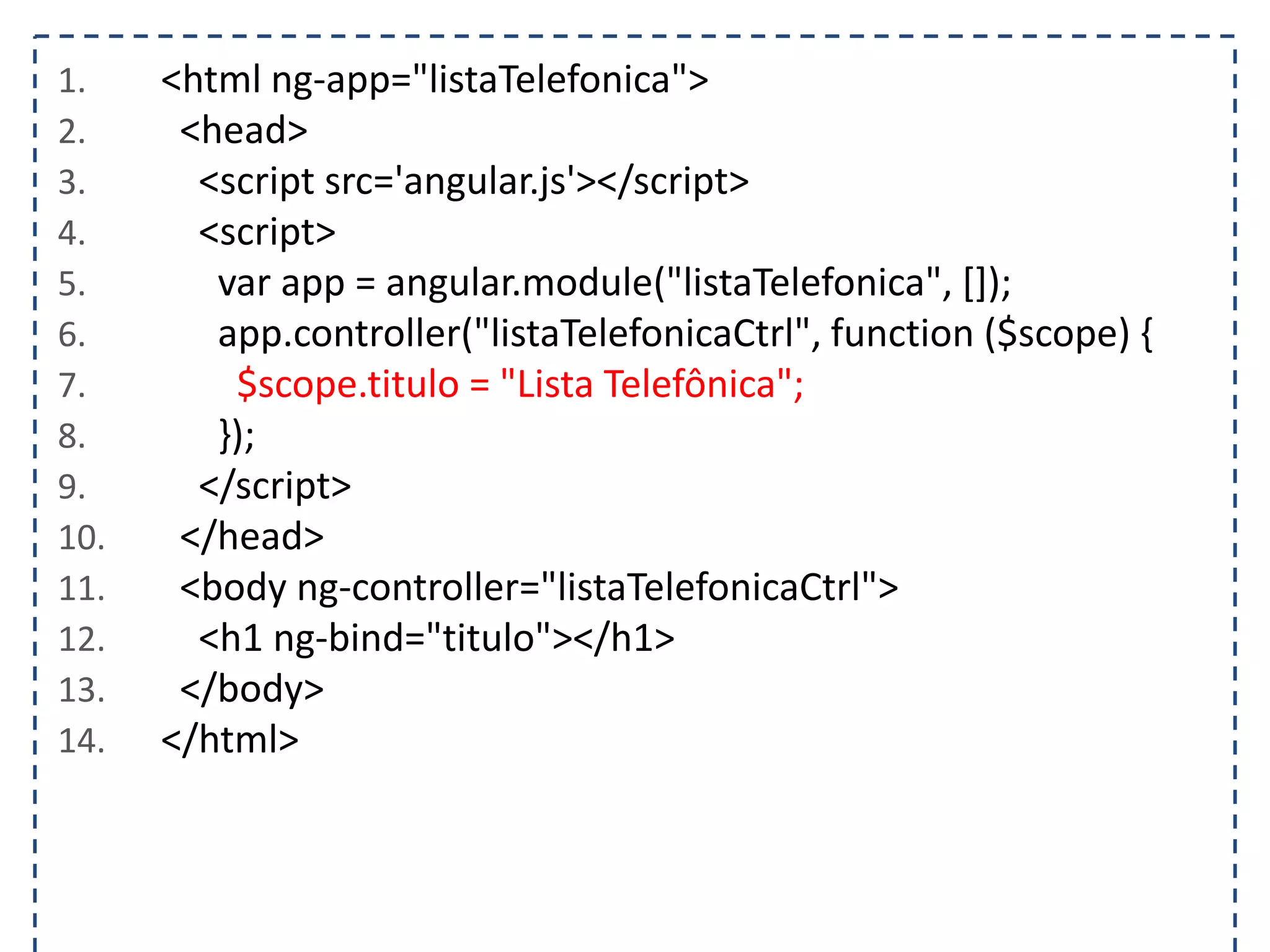 1. <html ng-app="listaTelefonica"> 2. <head> 3. <script src='angular.js'></script> 4. <script> 5. var app = angular.module("listaTelefonica", []); 6. app.controller("listaTelefonicaCtrl", function ($scope) { 7. $scope.titulo = "Lista Telefônica"; 8. }); 9. </script> 10. </head> 11. <body ng-controller="listaTelefonicaCtrl"> 12. <h1 ng-bind="titulo"></h1> 13. </body> 14. </html> 