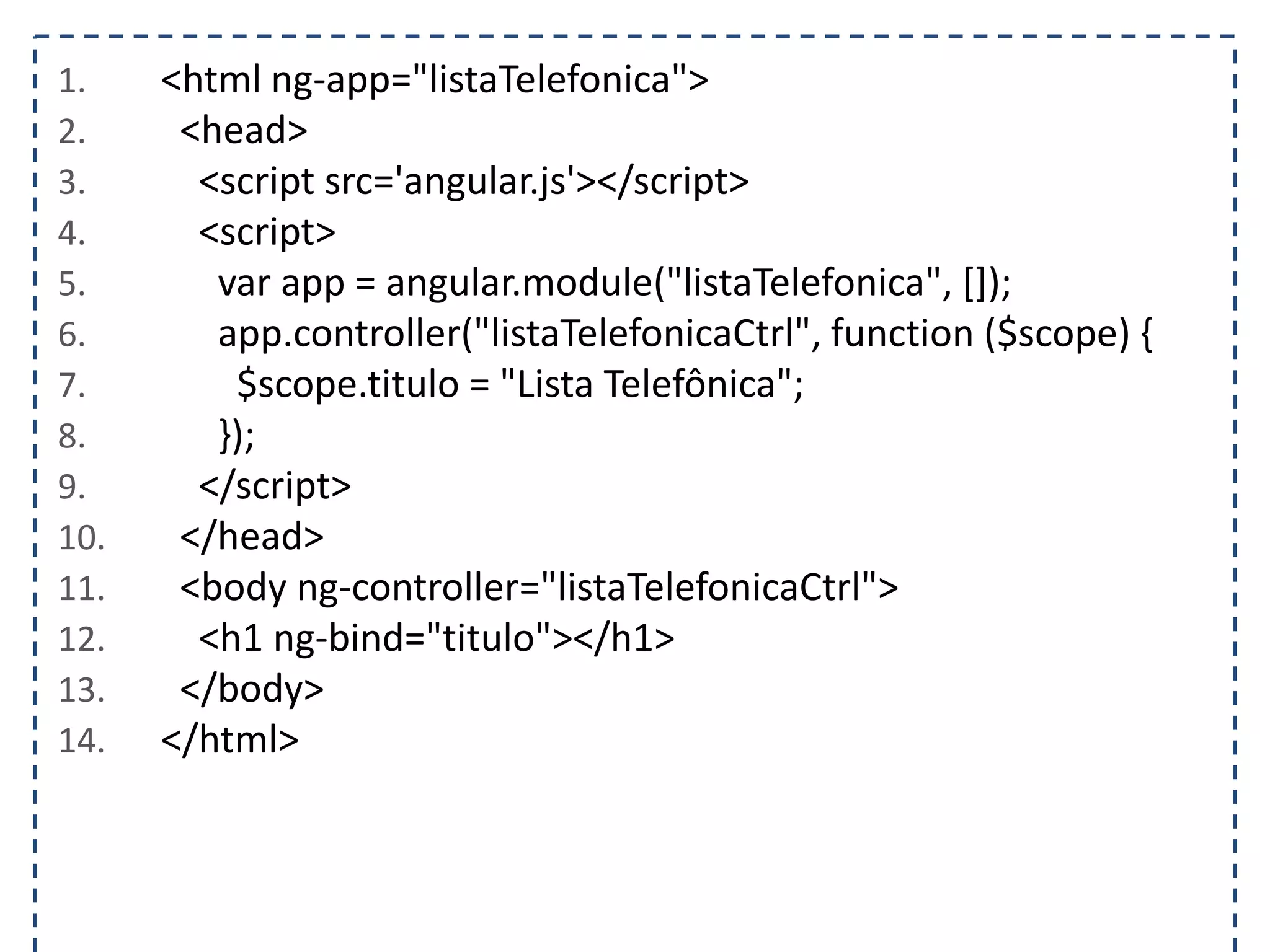 1. <html ng-app="listaTelefonica"> 2. <head> 3. <script src='angular.js'></script> 4. <script> 5. var app = angular.module("listaTelefonica", []); 6. app.controller("listaTelefonicaCtrl", function ($scope) { 7. $scope.titulo = "Lista Telefônica"; 8. }); 9. </script> 10. </head> 11. <body ng-controller="listaTelefonicaCtrl"> 12. <h1 ng-bind="titulo"></h1> 13. </body> 14. </html> 