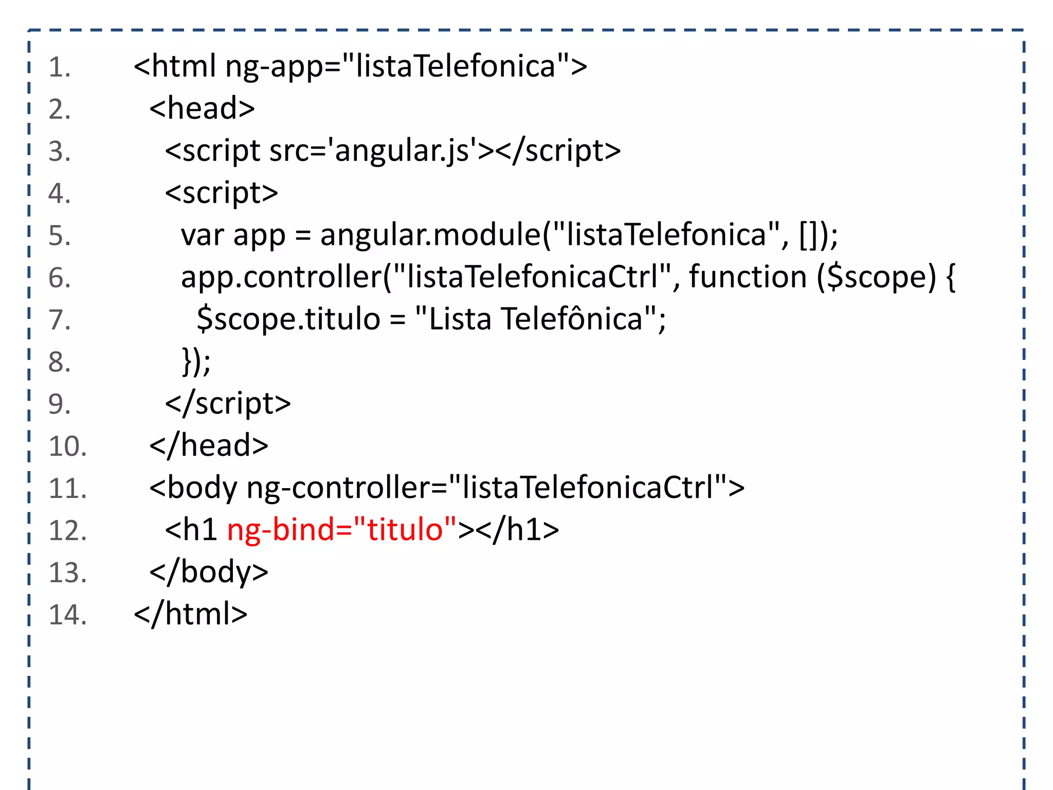 1. <html ng-app="listaTelefonica"> 2. <head> 3. <script src='angular.js'></script> 4. <script> 5. var app = angular.module("listaTelefonica", []); 6. app.controller("listaTelefonicaCtrl", function ($scope) { 7. $scope.titulo = "Lista Telefônica"; 8. }); 9. </script> 10. </head> 11. <body ng-controller="listaTelefonicaCtrl"> 12. <h1 ng-bind="titulo"></h1> 13. </body> 14. </html> 
