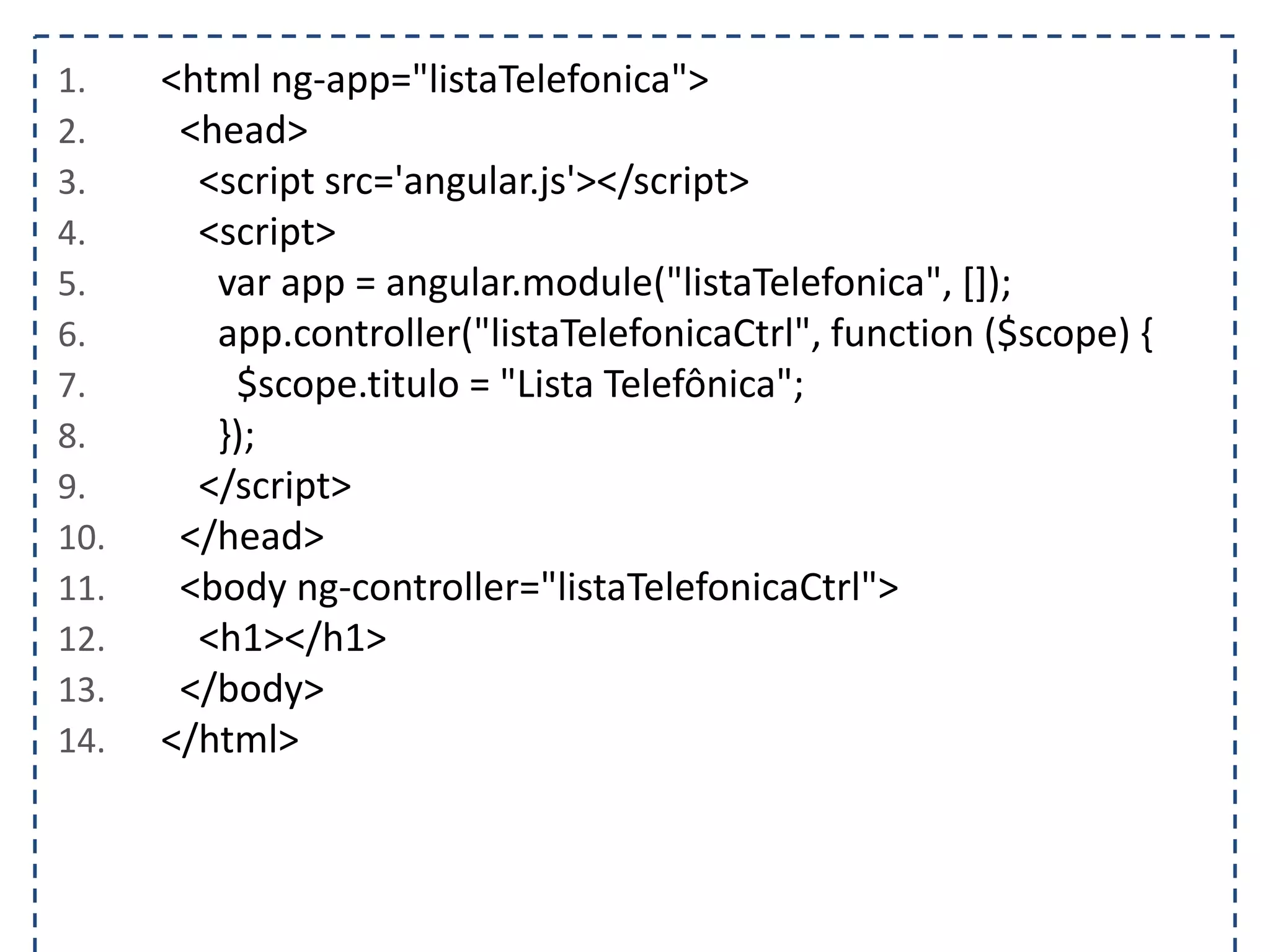 1. <html ng-app="listaTelefonica"> 2. <head> 3. <script src='angular.js'></script> 4. <script> 5. var app = angular.module("listaTelefonica", []); 6. app.controller("listaTelefonicaCtrl", function ($scope) { 7. $scope.titulo = "Lista Telefônica"; 8. }); 9. </script> 10. </head> 11. <body ng-controller="listaTelefonicaCtrl"> 12. <h1></h1> 13. </body> 14. </html> 