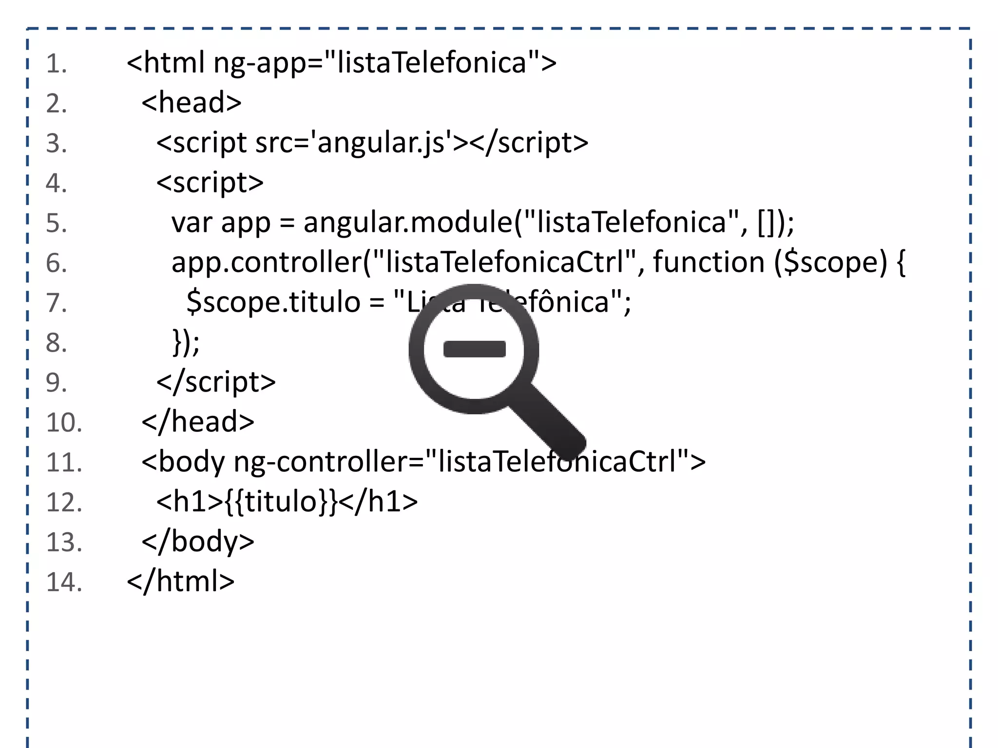1. <html ng-app="listaTelefonica"> 2. <head> 3. <script src='angular.js'></script> 4. <script> 5. var app = angular.module("listaTelefonica", []); 6. app.controller("listaTelefonicaCtrl", function ($scope) { 7. $scope.titulo = "Lista Telefônica"; 8. }); 9. </script> 10. </head> 11. <body ng-controller="listaTelefonicaCtrl"> 12. <h1>{{titulo}}</h1> 13. </body> 14. </html> 