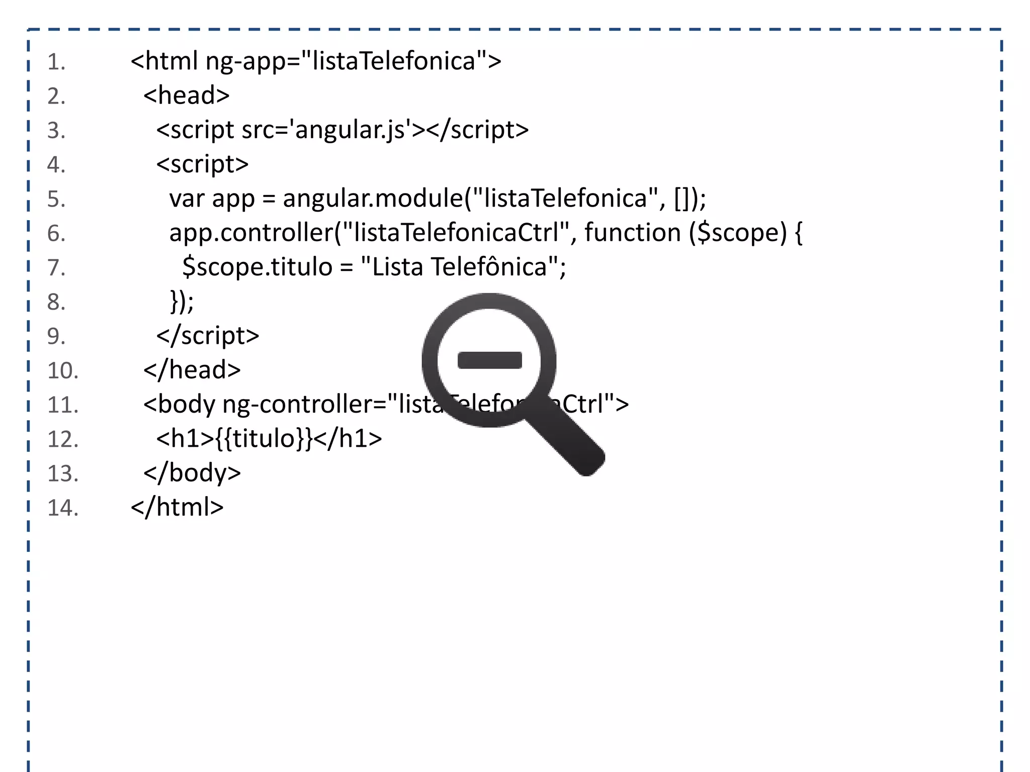 1. <html ng-app="listaTelefonica"> 2. <head> 3. <script src='angular.js'></script> 4. <script> 5. var app = angular.module("listaTelefonica", []); 6. app.controller("listaTelefonicaCtrl", function ($scope) { 7. $scope.titulo = "Lista Telefônica"; 8. }); 9. </script> 10. </head> 11. <body ng-controller="listaTelefonicaCtrl"> 12. <h1>{{titulo}}</h1> 13. </body> 14. </html> 