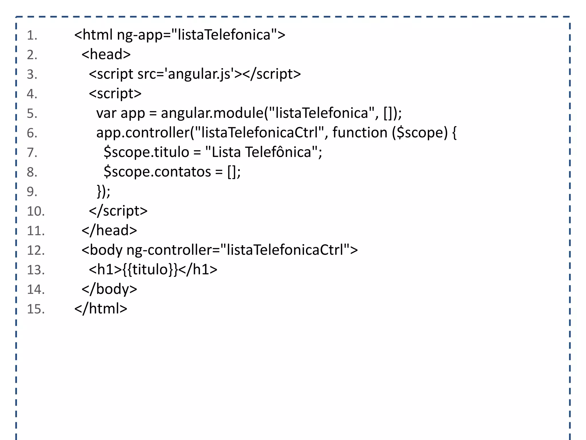 1. <html ng-app="listaTelefonica"> 2. <head> 3. <script src='angular.js'></script> 4. <script> 5. var app = angular.module("listaTelefonica", []); 6. app.controller("listaTelefonicaCtrl", function ($scope) { 7. $scope.titulo = "Lista Telefônica"; 8. $scope.contatos = []; 9. }); 10. </script> 11. </head> 12. <body ng-controller="listaTelefonicaCtrl"> 13. <h1>{{titulo}}</h1> 14. </body> 15. </html> 