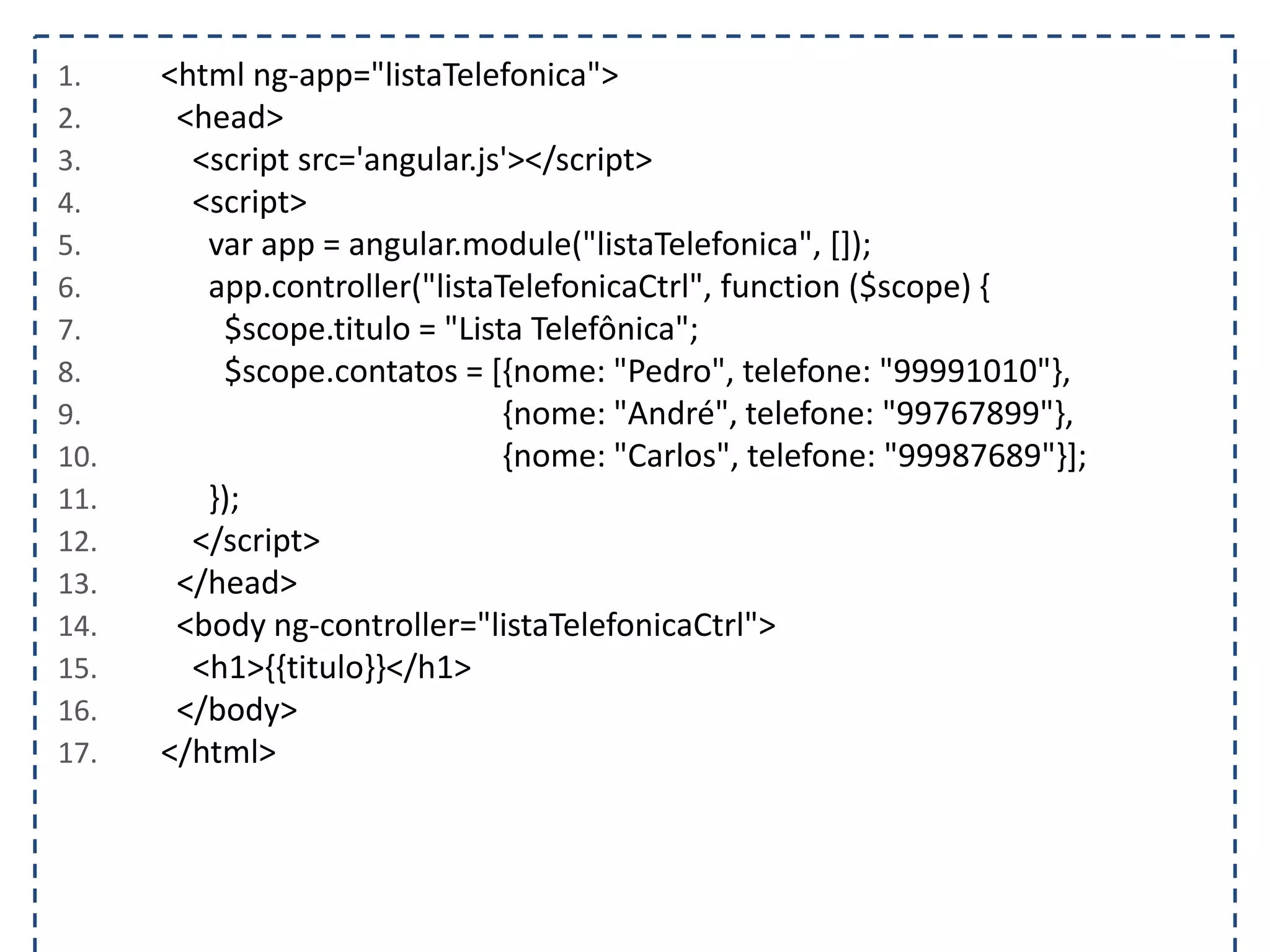 1. <html ng-app="listaTelefonica"> 2. <head> 3. <script src='angular.js'></script> 4. <script> 5. var app = angular.module("listaTelefonica", []); 6. app.controller("listaTelefonicaCtrl", function ($scope) { 7. $scope.titulo = "Lista Telefônica"; 8. $scope.contatos = [{nome: "Pedro", telefone: "99991010"}, 9. {nome: "André", telefone: "99767899"}, 10. {nome: "Carlos", telefone: "99987689"}]; 11. }); 12. </script> 13. </head> 14. <body ng-controller="listaTelefonicaCtrl"> 15. <h1>{{titulo}}</h1> 16. </body> 17. </html> 