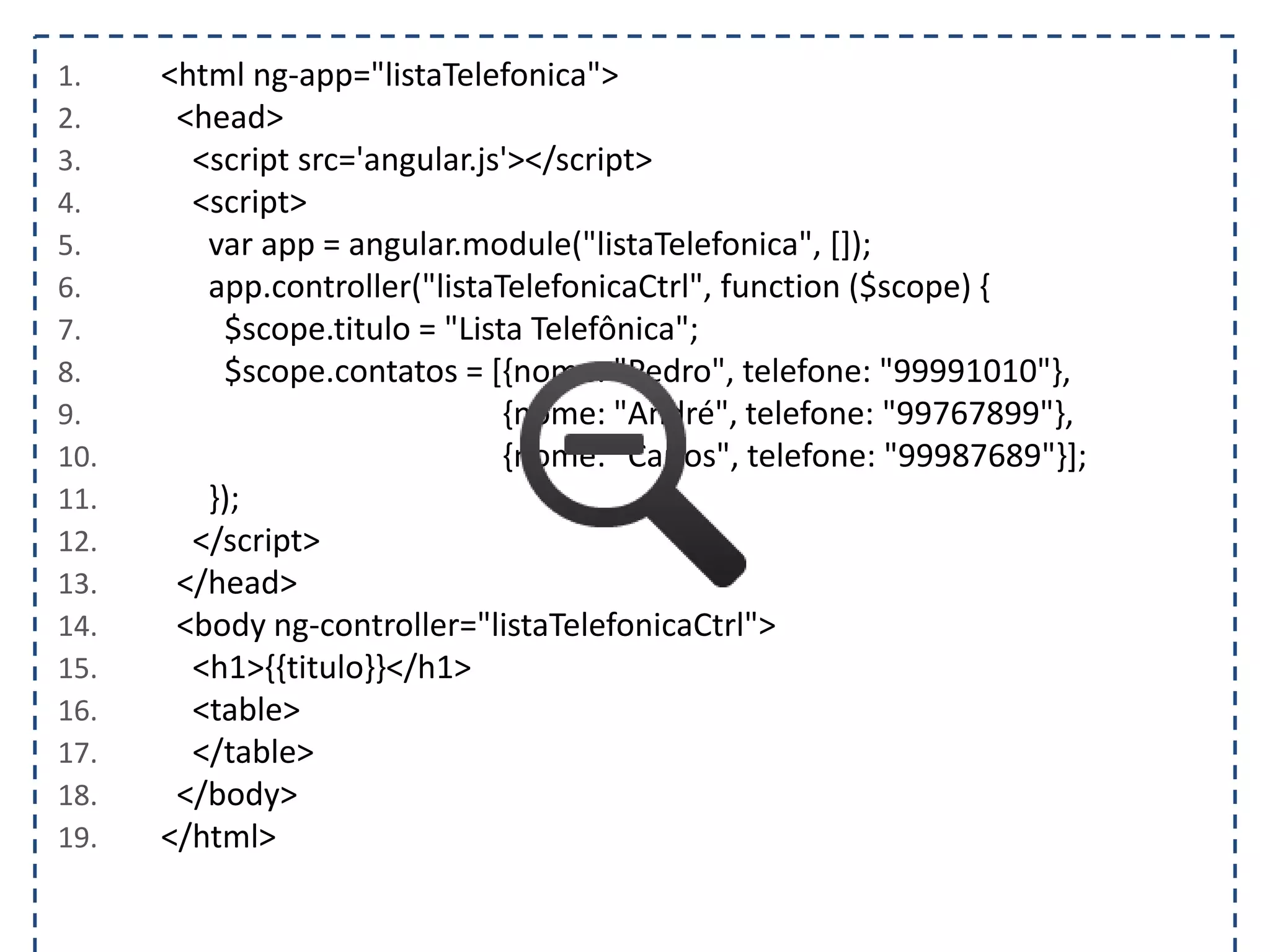 1. <html ng-app="listaTelefonica"> 2. <head> 3. <script src='angular.js'></script> 4. <script> 5. var app = angular.module("listaTelefonica", []); 6. app.controller("listaTelefonicaCtrl", function ($scope) { 7. $scope.titulo = "Lista Telefônica"; 8. $scope.contatos = [{nome: "Pedro", telefone: "99991010"}, 9. {nome: "André", telefone: "99767899"}, 10. {nome: "Carlos", telefone: "99987689"}]; 11. }); 12. </script> 13. </head> 14. <body ng-controller="listaTelefonicaCtrl"> 15. <h1>{{titulo}}</h1> 16. <table> 17. </table> 18. </body> 19. </html> 