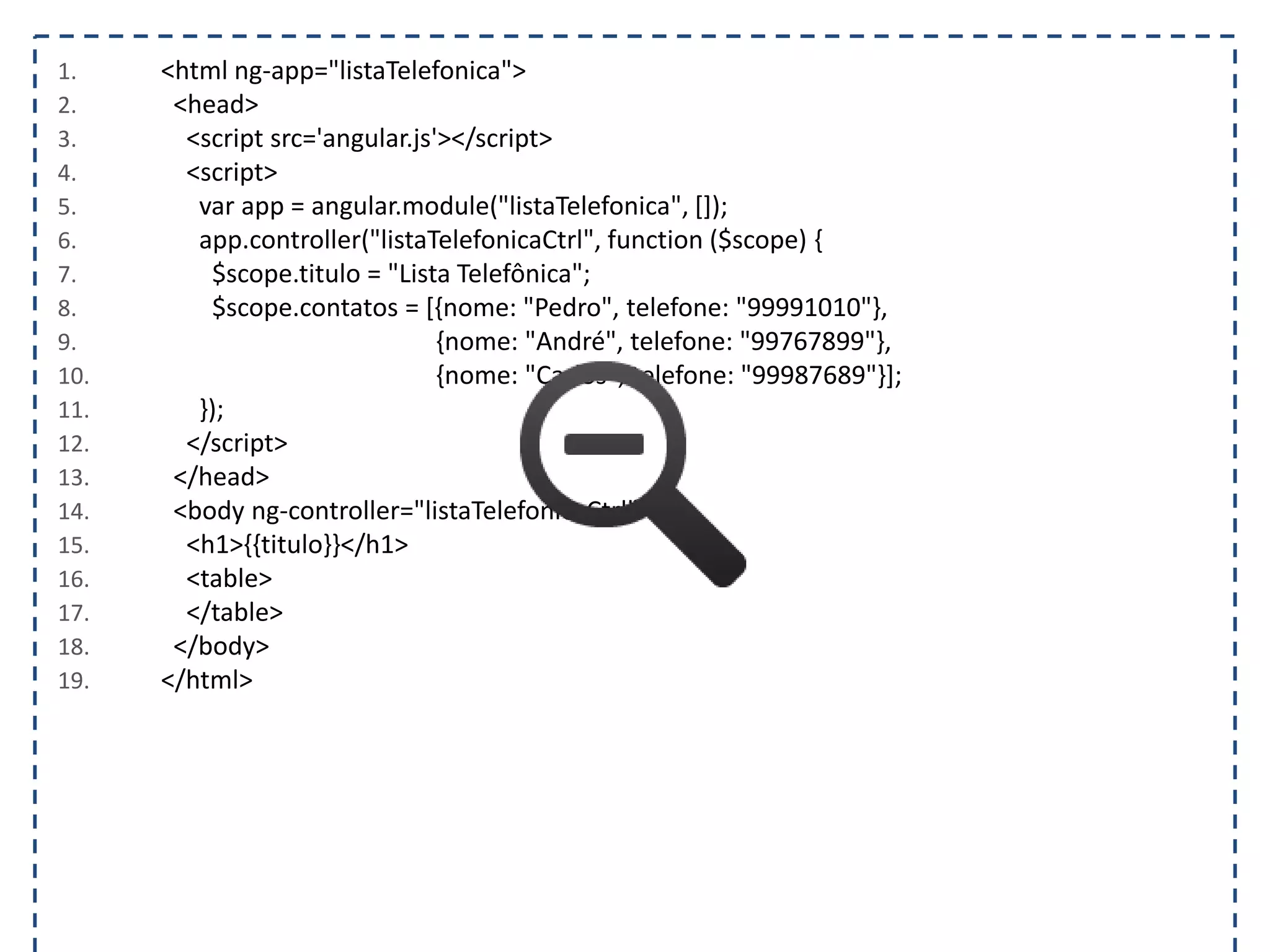 1. <html ng-app="listaTelefonica"> 2. <head> 3. <script src='angular.js'></script> 4. <script> 5. var app = angular.module("listaTelefonica", []); 6. app.controller("listaTelefonicaCtrl", function ($scope) { 7. $scope.titulo = "Lista Telefônica"; 8. $scope.contatos = [{nome: "Pedro", telefone: "99991010"}, 9. {nome: "André", telefone: "99767899"}, 10. {nome: "Carlos", telefone: "99987689"}]; 11. }); 12. </script> 13. </head> 14. <body ng-controller="listaTelefonicaCtrl"> 15. <h1>{{titulo}}</h1> 16. <table> 17. </table> 18. </body> 19. </html> 