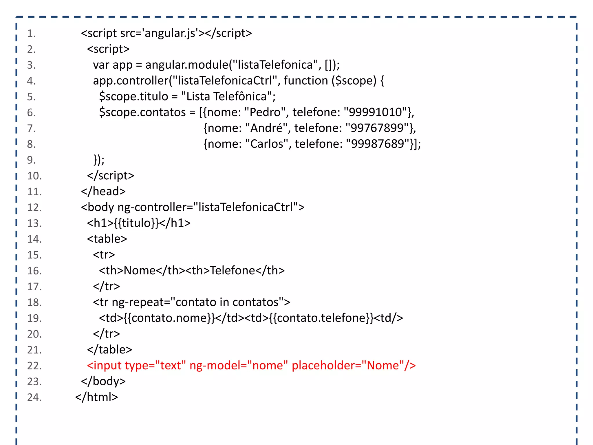 1. <script src='angular.js'></script> 2. <script> 3. var app = angular.module("listaTelefonica", []); 4. app.controller("listaTelefonicaCtrl", function ($scope) { 5. $scope.titulo = "Lista Telefônica"; 6. $scope.contatos = [{nome: "Pedro", telefone: "99991010"}, 7. {nome: "André", telefone: "99767899"}, 8. {nome: "Carlos", telefone: "99987689"}]; 9. }); 10. </script> 11. </head> 12. <body ng-controller="listaTelefonicaCtrl"> 13. <h1>{{titulo}}</h1> 14. <table> 15. <tr> 16. <th>Nome</th><th>Telefone</th> 17. </tr> 18. <tr ng-repeat="contato in contatos"> 19. <td>{{contato.nome}}</td><td>{{contato.telefone}}<td/> 20. </tr> 21. </table> 22. <input type="text" ng-model="nome" placeholder="Nome"/> 23. </body> 24. </html> 