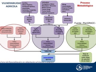 Semillas,
Abono Orgánico,
Fertilizante Químico,
Insecticidas,
Herbicidas, Fungicidas,
Control Bilógico

Cultivadora
Fumigadora a Motor
Mezcladora Alimentos
Molino Granos
Tractor Oruga
Tractor Rueda
Vehículo Transporte

Minag
Universidades
Empresa Privada
Consultores
Otros

Insumo
Agrícola
(IA)

VULNERABILIDAD
AGRICOLA

Equipamien
to Agrícola
(EA)

Asistencia
Técnica (AT)

Proceso
Metodológico

Fuente: PlanGRACC Índice Población
a la Inseguridad
Alimentaria (IIA)

Índice
Desarrollo
Humano
(IDH)

Índice
Vulnerabilidad
Sistema Social
(IVSS)

Índice
Desarrollo
Tecnológico
(IDT)

Índice
Tierras en
Secano (ITS)

Índice
Vulnerabilidad
Sistema
Productivo (IVSP)

Índice
Inversión
de Capital
(IIC)

Índice
Desarrollo
Tecnológico
(IDT)

Índice
Vulnerabilidad
Sistema
Económico (IVSE)

Índice IVA

Vulnerabilidad
Agrícola

Mapa de
erosión de
suelos, Mapa
de capacidad
de uso mayor

 