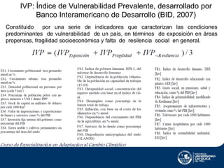 IVP: Índice de Vulnerabilidad Prevalente, desarrollado por
Banco Interamericano de Desarrollo (BID, 2007)
Constituido
por una serie de indicadores que caracterizan las condiciones
predominantes de vulnerabilidad de un país, en términos de exposición en áreas
propensas, fragilidad socioeconómica y falta de resilencia social en general.

 