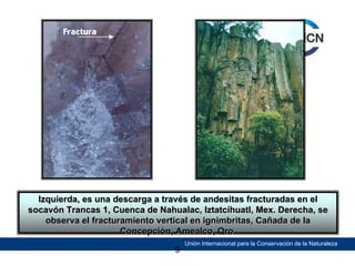 Izquierda, es una descarga a través de andesitas fracturadas en el
socavón Trancas 1, Cuenca de Nahualac, Iztatcíhuatl, Mex. Derecha, se
observa el fracturamiento vertical en ignimbritas, Cañada de la
Concepción, Amealco, Qro.
9

Unión Internacional para la Conservación de la Naturaleza

 
