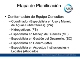 Etapa de Planificación
• Conformación de Equipo Consultor:
– Coordinador (Especialista en Uso y Manejo
de Aguas Subterráneas). (PA)
– Hidrogeólogo. (FS)
– Especialista en Manejo de Cuencas (ME)
– Especialista en Gestión del Desarrollo. (SC)
– Especialista en Género (MM)
– Especialista en Aspectos Institucionales y
Legales (Abogado).
Unión Internacional para la Conservación de la Naturaleza

 