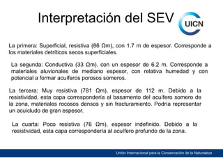 Interpretación del SEV
La primera: Superficial, resistiva (86 Ωm), con 1.7 m de espesor. Corresponde a
los materiales detríticos secos superficiales.
La segunda: Conductiva (33 Ωm), con un espesor de 6.2 m. Corresponde a
materiales aluvionales de mediano espesor, con relativa humedad y con
potencial a formar acuíferos porosos someros.
La tercera: Muy resistiva (781 Ωm), espesor de 112 m. Debido a la
resistividad, esta capa correspondería al basamento del acuífero somero de
la zona, materiales rocosos densos y sin fracturamiento. Podría representar
un acuicludo de gran espesor.
La cuarta: Poco resistiva (76 Ωm), espesor indefinido. Debido a la
resistividad, esta capa correspondería al acuífero profundo de la zona.

Unión Internacional para la Conservación de la Naturaleza

 