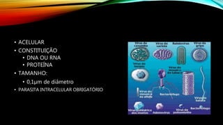 • ACELULAR
• CONSTITUIÇÃO
• DNA OU RNA
• PROTEÍNA
• TAMANHO:
• 0,1µm de diâmetro
• PARASITA INTRACELULAR OBRIGATÓRIO
 