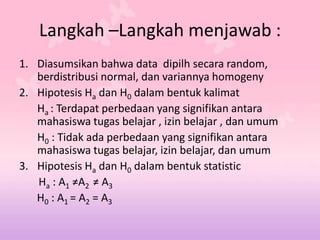 Langkah –Langkah menjawab :
1. Diasumsikan bahwa data dipilh secara random,
berdistribusi normal, dan variannya homogeny
2. Hipotesis Ha dan H0 dalam bentuk kalimat
Ha : Terdapat perbedaan yang signifikan antara
mahasiswa tugas belajar , izin belajar , dan umum
H0 : Tidak ada perbedaan yang signifikan antara
mahasiswa tugas belajar, izin belajar, dan umum
3. Hipotesis Ha dan H0 dalam bentuk statistic
Ha : A1 ≠A2 ≠ A3
H0 : A1 = A2 = A3
 