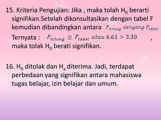 15. Kriteria Pengujian: Jika , maka tolah H0 berarti
signifikan.Setelah dikonsultasikan dengan tabel F
kemudian dibandingkan antara
Ternyata : ,
maka tolak H0 berati signifikan.
16. H0 ditolak dan Ha diterima. Jadi, terdapat
perbedaan yang signifikan antara mahasiswa
tugas belajar, izin belajar dan umum.
 