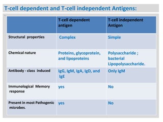 T-cell dependent and T-cell independent Antigens:
N

T-cell dependent
antigen

T-cell independent
Antigen

Structural properties

Complex

Simple

Chemical nature

Proteins, glycoprotein,
and lipoproteins

Polysaccharide ;
bacterial
Lipopolysaccharide.

Antibody - class induced

IgG, IgM, IgA, IgD, and
IgE

Only IgM

Immunological Memory
response

yes

No

Present in most Pathogenic yes
microbes.

No

 