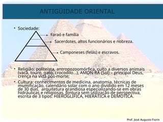 ANTIGÜIDADE ORIENTAL
Prof. José Augusto Fiorin
Prof. José Augusto Fiorin
• Sociedade:
• Religião: políteísta, antropozoomórfica, culto a diversos animais
(vaca, touro, gato, crocodilo...), AMON-RÁ (Sol) – principal Deus,
crença na vida pós-morte;
• Cultura: conhecimentos de medicina, anatomia, técnicas de
mumificação, calendário solar com o ano dividido em 12 meses
de 30 dias, arquitetura grandiosa especializando-se em obras
hidráulicas e religiosas, pintura sem utilização de perspectiva,
escrita de 3 tipos: HIEROGLÍFICA, HIERÁTICA e DEMÓTICA.
Faraó e família
Sacerdotes, altos funcionários e nobreza.
Camponeses (felás) e escravos.
 